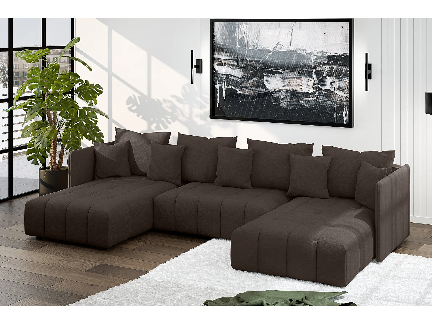 AX LIVING Hoekbank U vorm Veliro 353 cm – bruin met bedfunctie