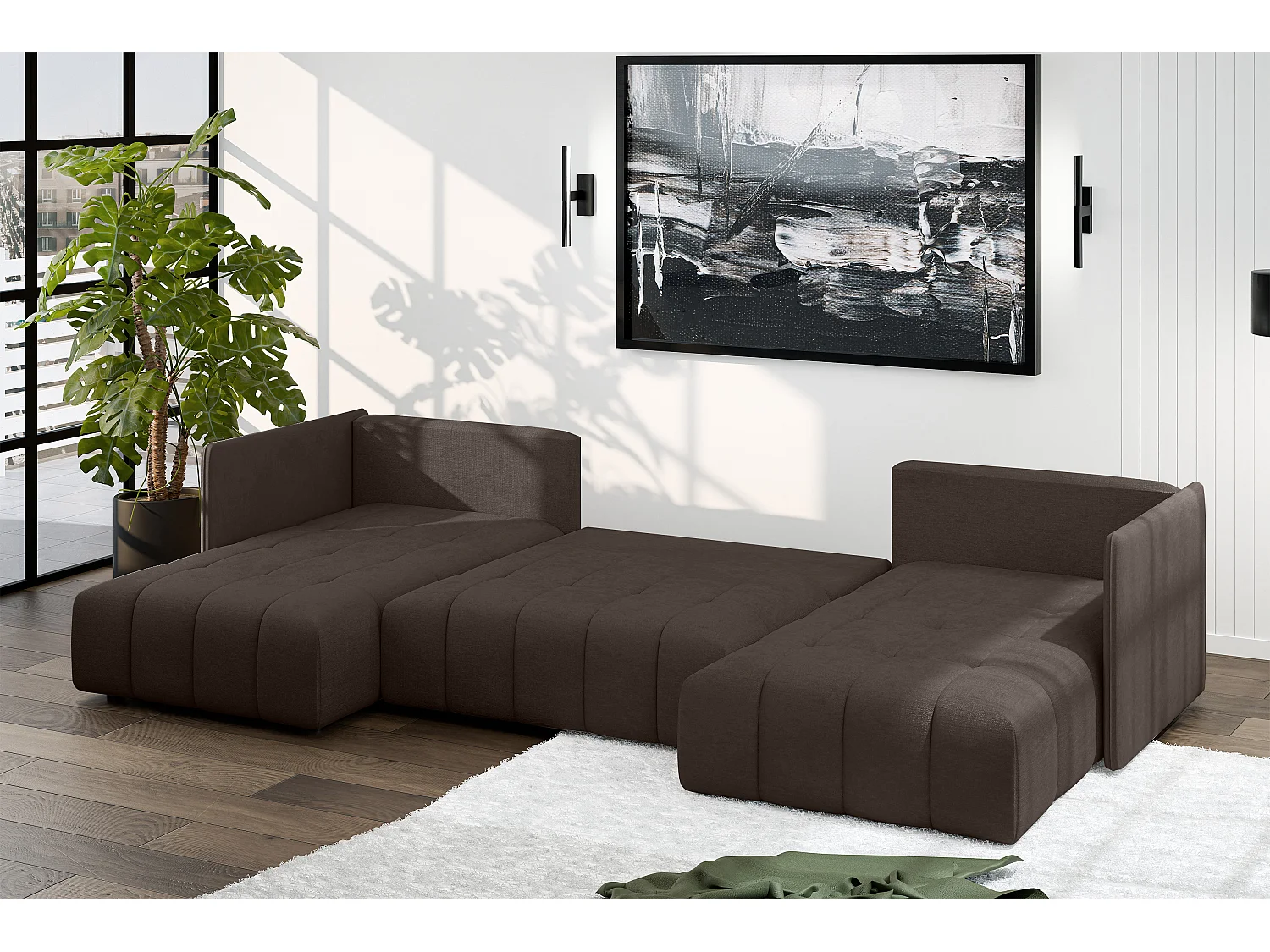 AX LIVING Braun Sofa U Form mit Schlaffunktion Veliro U, 353 cm breit