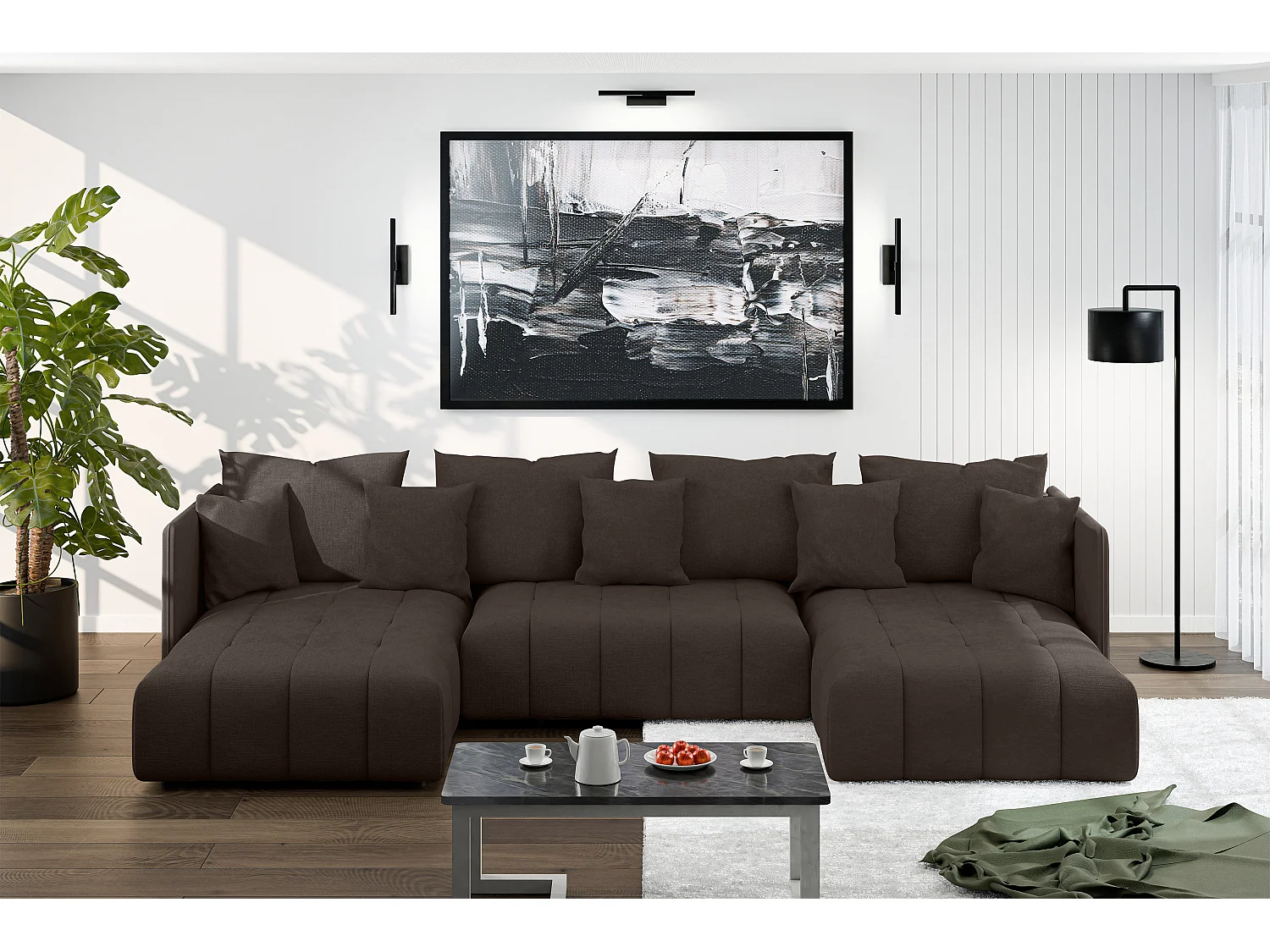 AX LIVING Braun Sofa U Form mit Schlaffunktion Veliro U, 353 cm breit