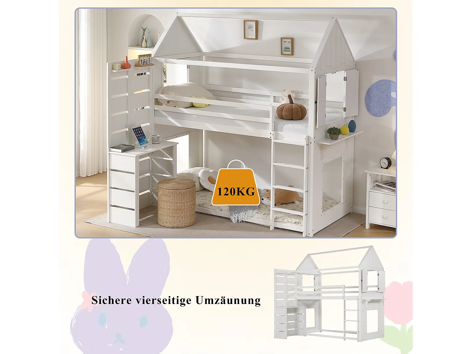 Łóżko piętrowe dla dzieci z barierką bezpieczeństwa - 90 x 200 cm - ze stolikiem i otwartą półką - sosna + MDF - białe