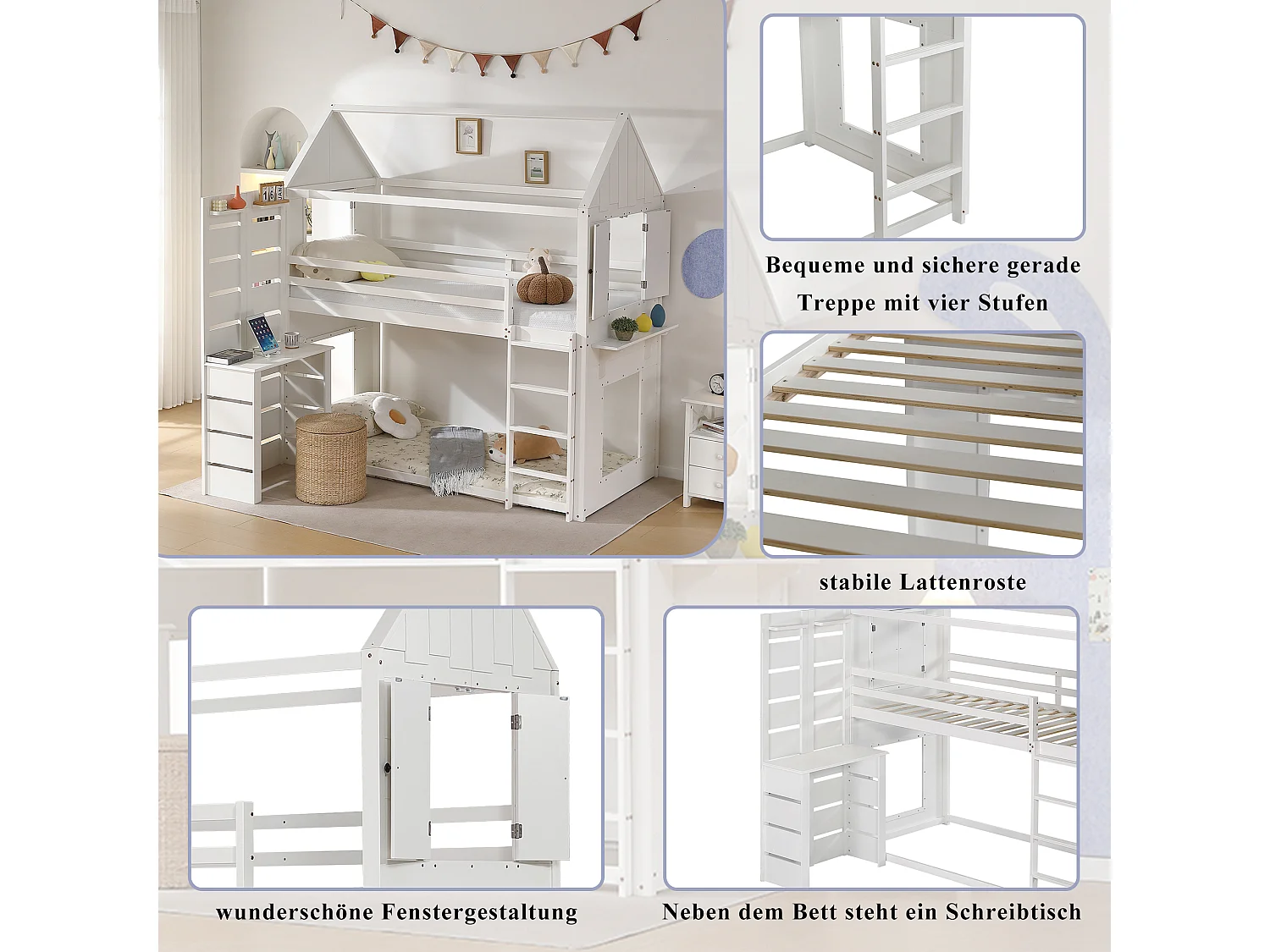 Łóżko piętrowe dla dzieci z barierką bezpieczeństwa - 90 x 200 cm - ze stolikiem i otwartą półką - sosna + MDF - białe