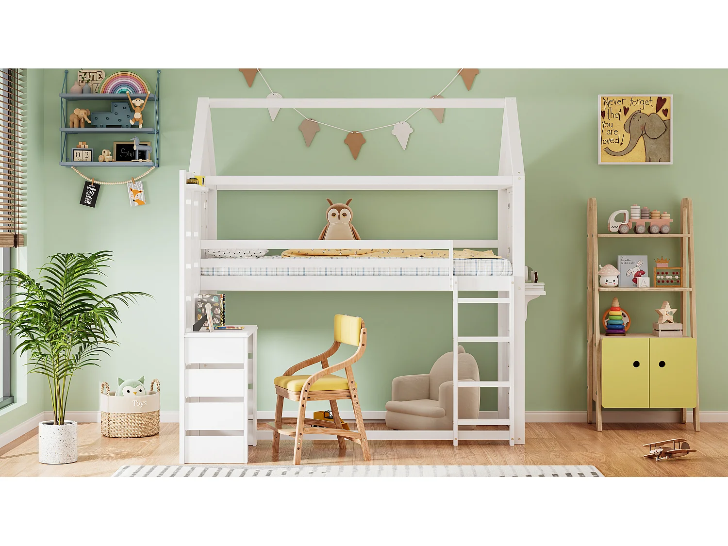 Łóżko piętrowe dla dzieci z barierką bezpieczeństwa - 90 x 200 cm - ze stolikiem i otwartą półką - sosna + MDF - białe