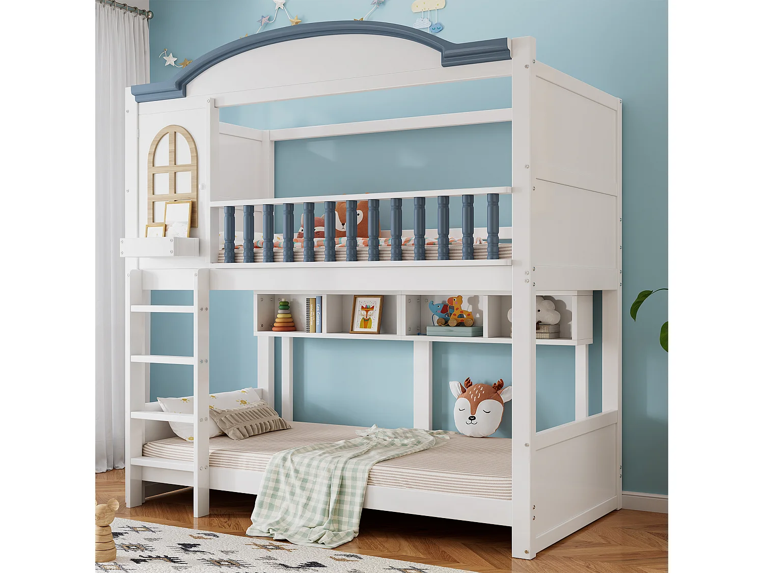 Lits superposés enfant avec protection - 2 x 90 x 200 cm - avec toit et étagère ouverte - pin + MDF - blanc + bleu