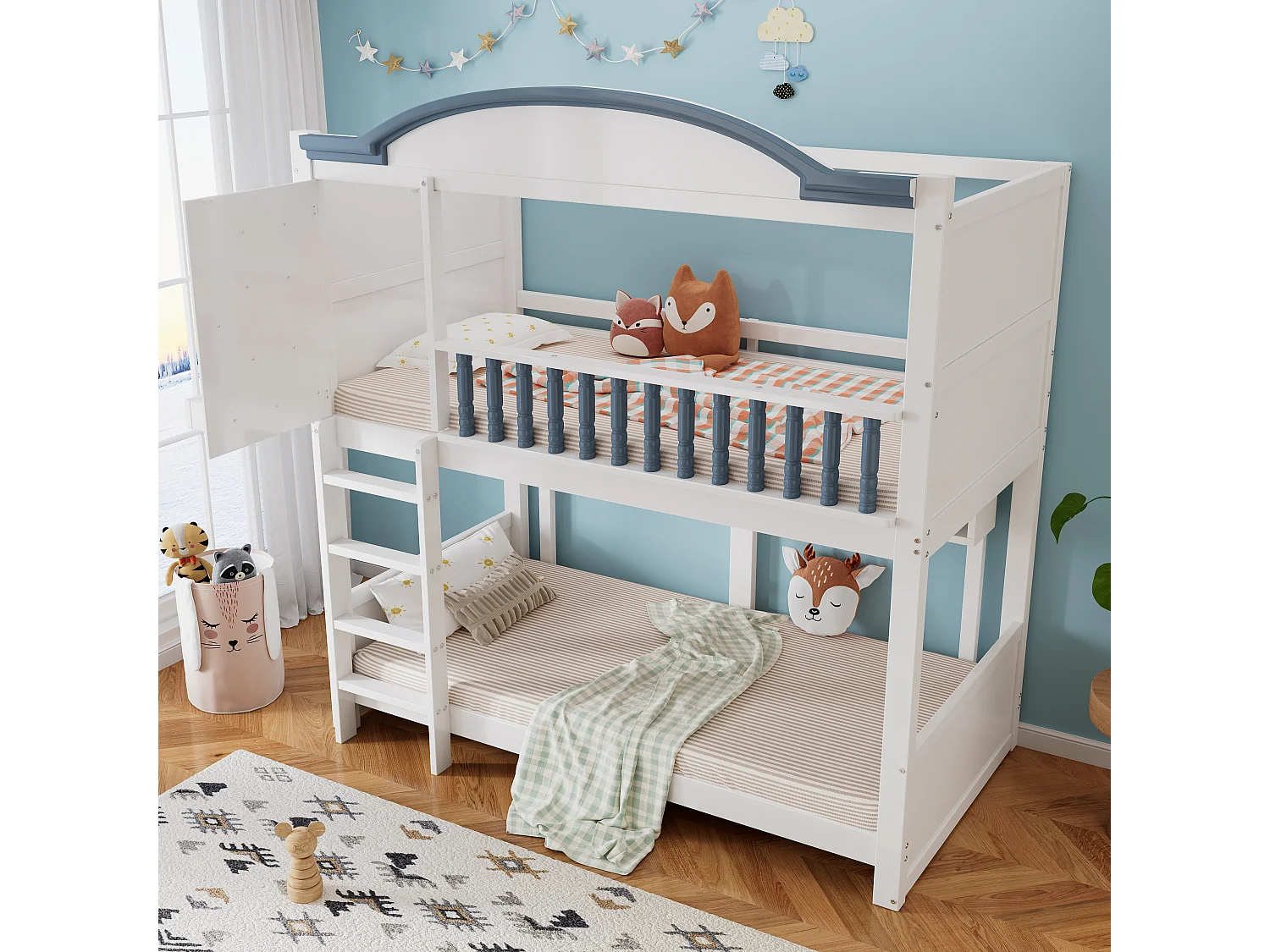 Lits superposés enfant avec protection - 2 x 90 x 200 cm - avec toit et étagère ouverte - pin + MDF - blanc + bleu