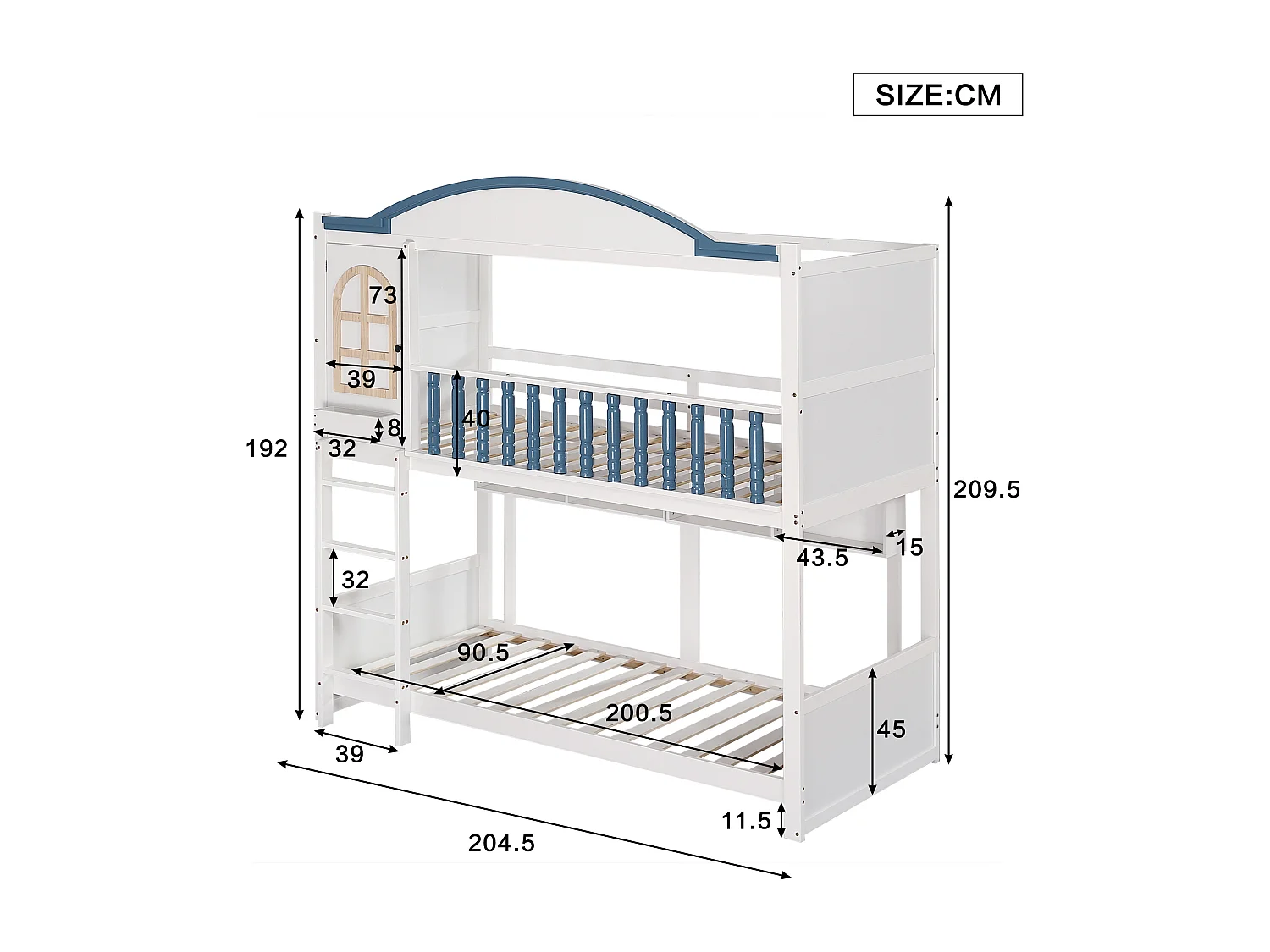Lits superposés enfant avec protection - 2 x 90 x 200 cm - avec toit et étagère ouverte - pin + MDF - blanc + bleu
