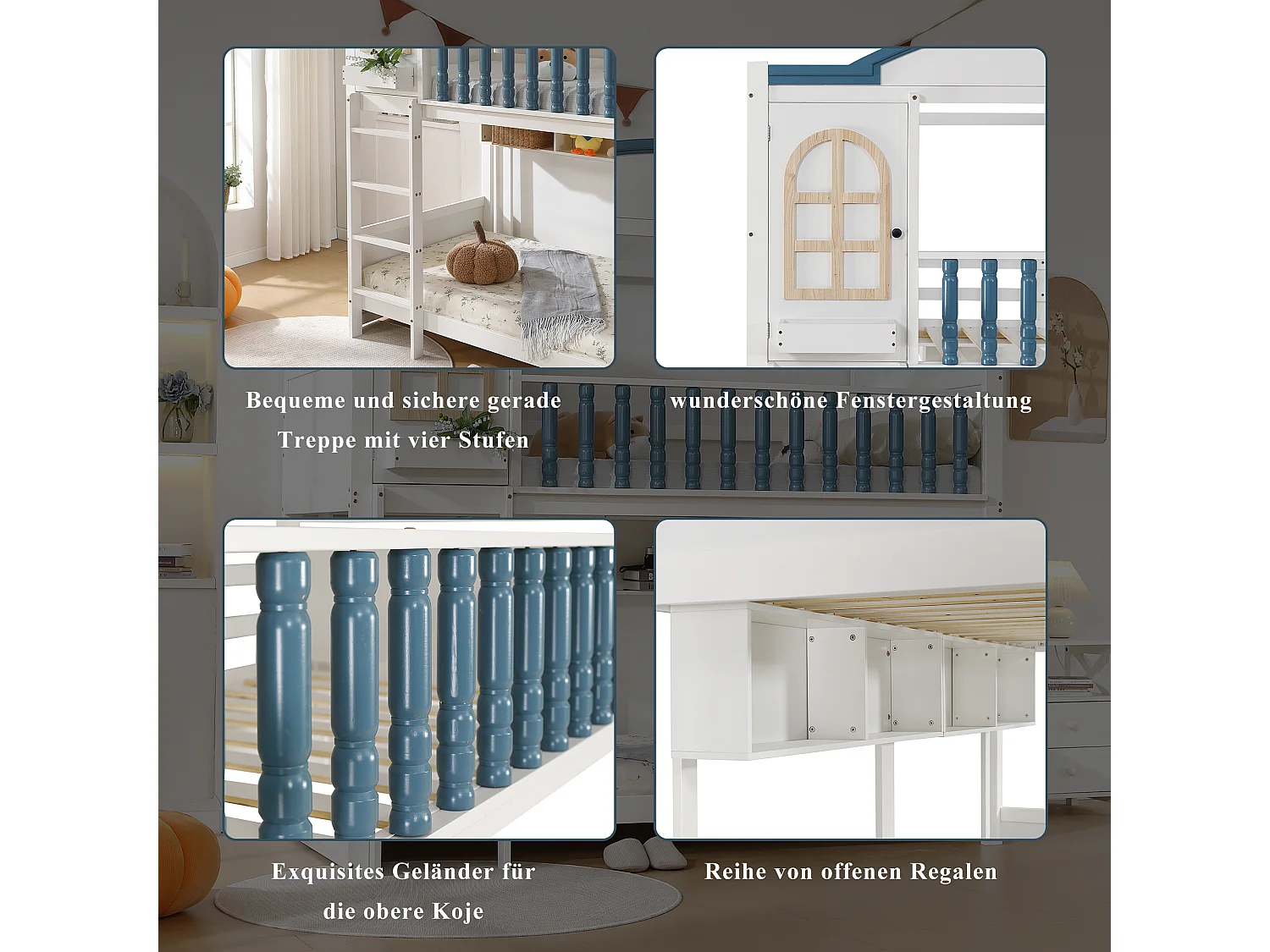 Lits superposés enfant avec protection - 2 x 90 x 200 cm - avec toit et étagère ouverte - pin + MDF - blanc + bleu