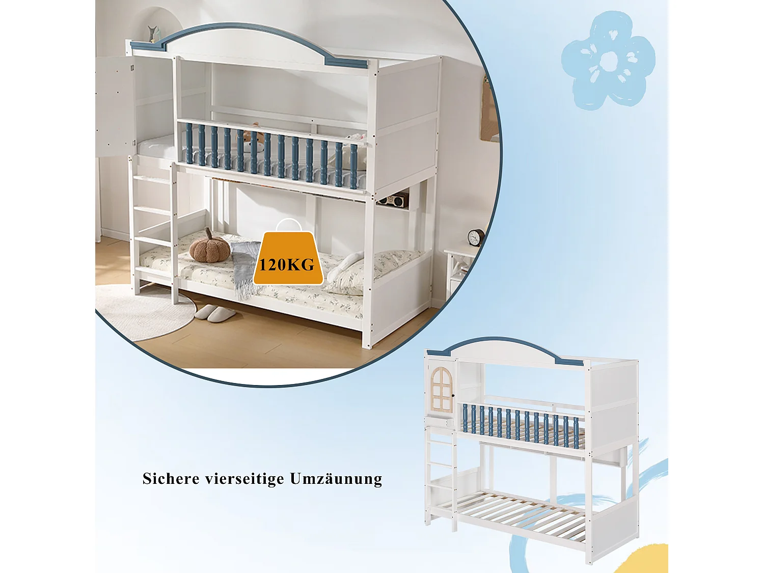 Lits superposés enfant avec protection - 2 x 90 x 200 cm - avec toit et étagère ouverte - pin + MDF - blanc + bleu