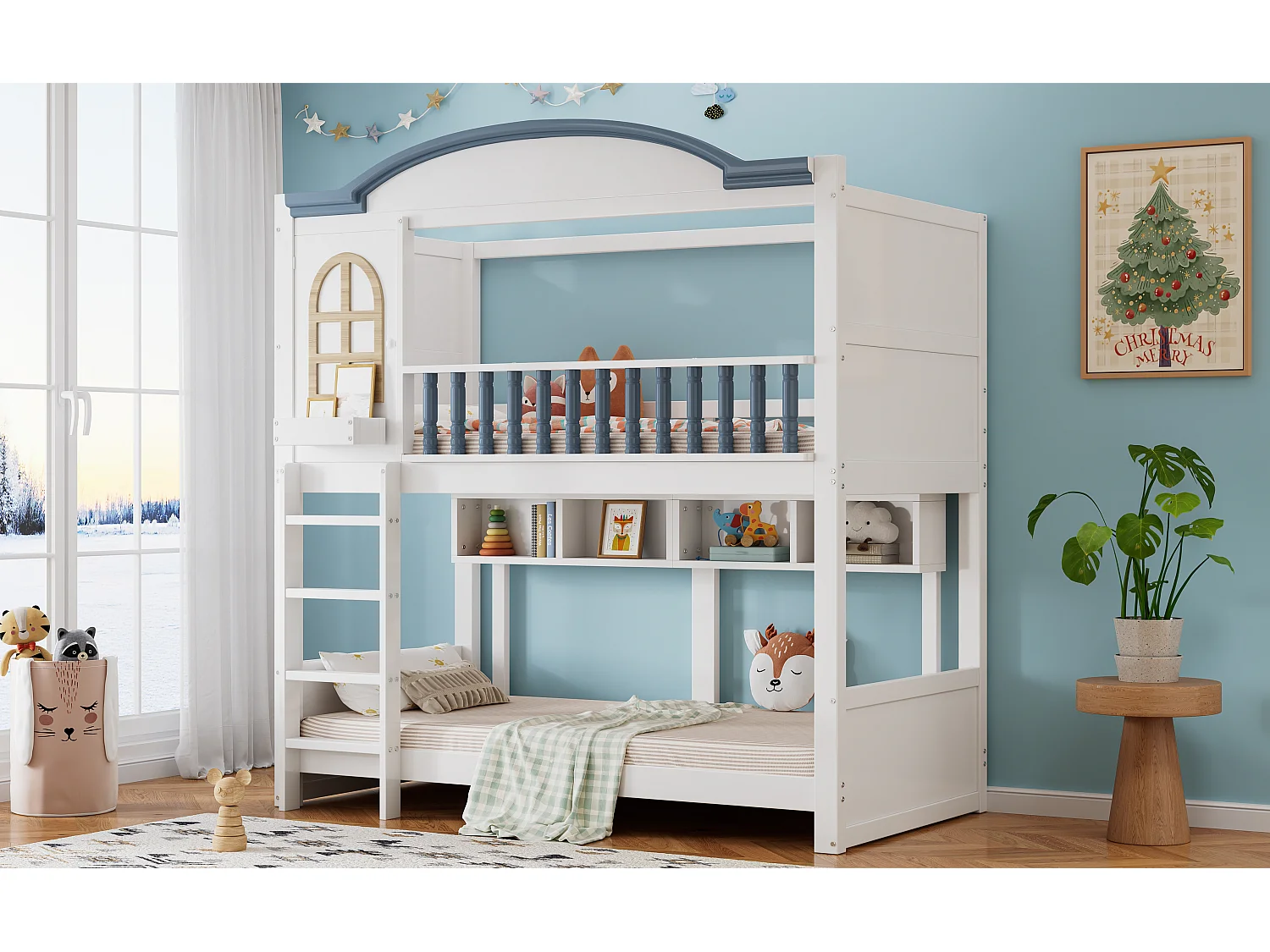 Lits superposés enfant avec protection - 2 x 90 x 200 cm - avec toit et étagère ouverte - pin + MDF - blanc + bleu