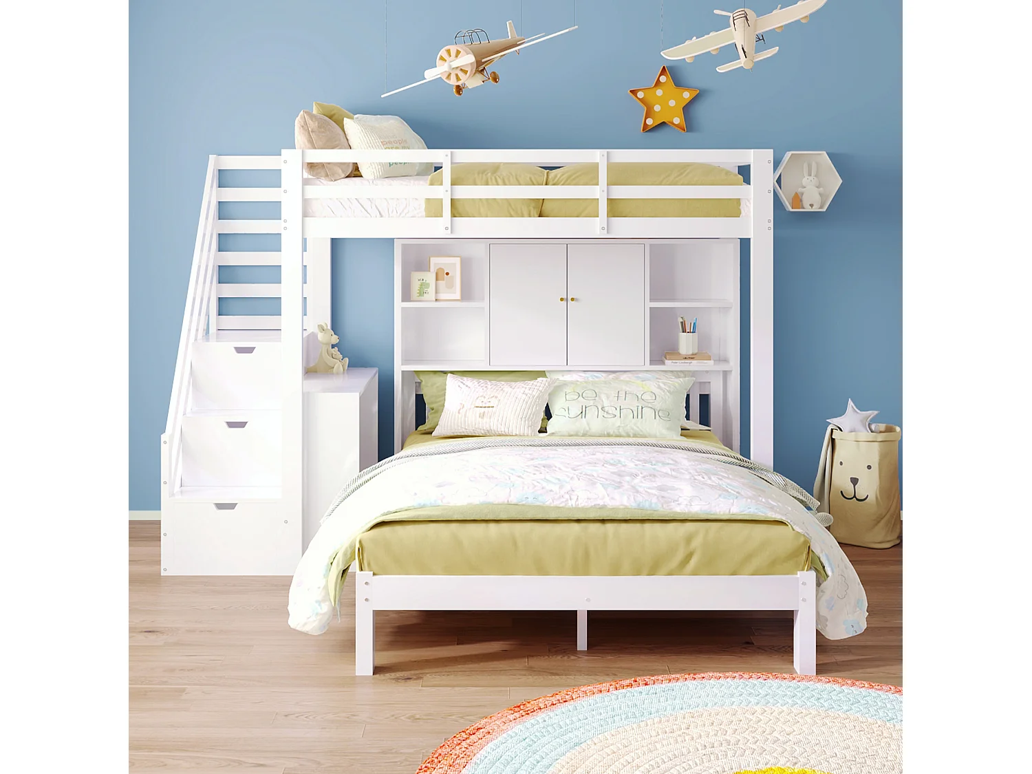 Kinder-Etagenbett mit Ablageboden - 90 x 200 cm + 140 x 200 cm - Treppe und abnehmbarem Beistelltisch - Massivholz + MDF - Weiß