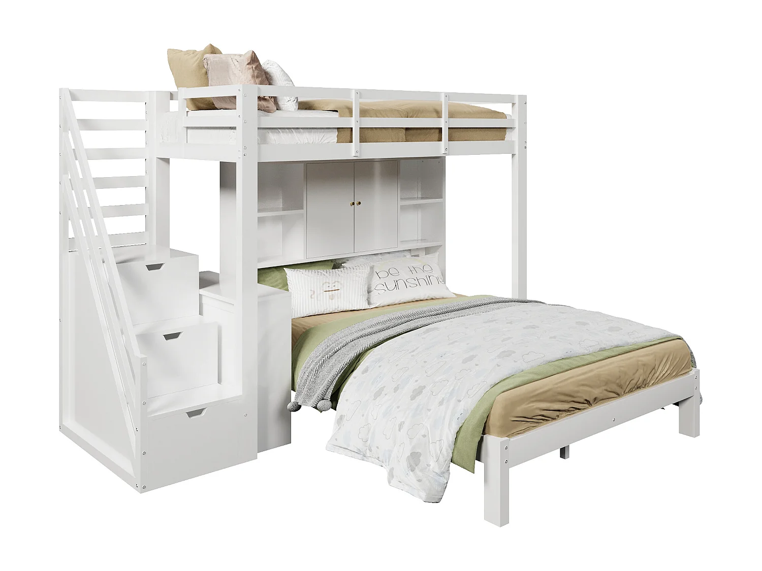 Kinder-Etagenbett mit Ablageboden - 90 x 200 cm + 140 x 200 cm - Treppe und abnehmbarem Beistelltisch - Massivholz + MDF - Weiß