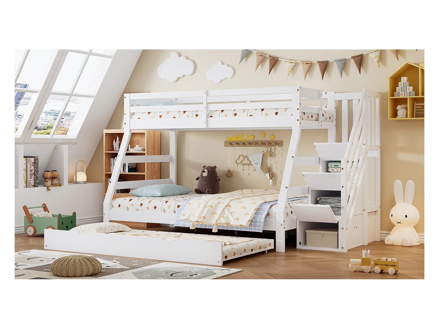 Łóżko piętrowe dla dzieci z wysuwanym łóżkiem - 90 x 200 cm + 120 x 200 cm z szafką drabinkową i barierką zabezpieczającą - sosna + płyta MDF - białe