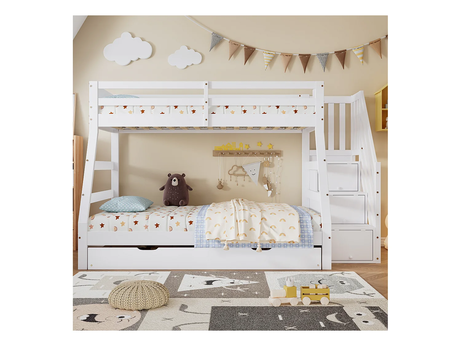 Lits superposés enfant avec gigogne - 3 places - 90 x 200 cm + 120 x 200 cm - avec armoire échelle et barrière de sécurité - pin + MDF - blanc