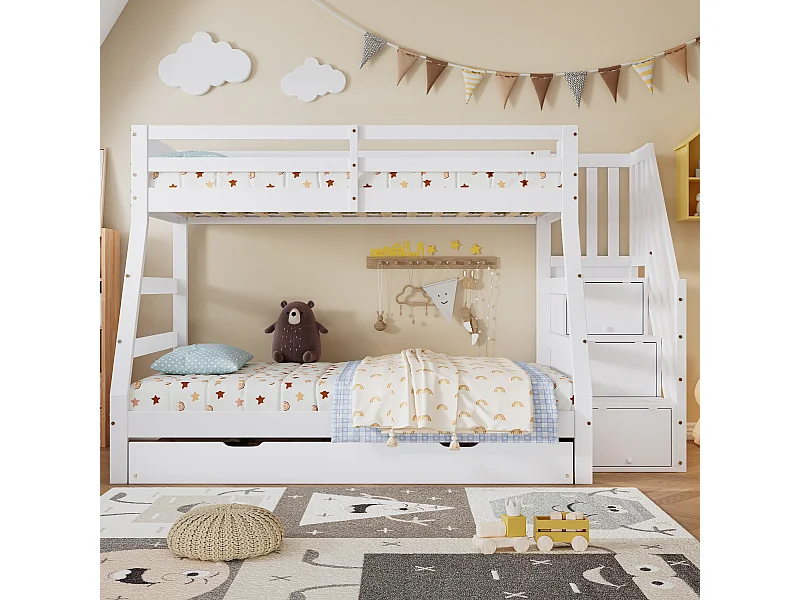 Lits superposés enfant avec gigogne - 3 places - 90 x 200 cm + 120 x 200 cm - avec armoire échelle et barrière de sécurité - pin + MDF - blanc