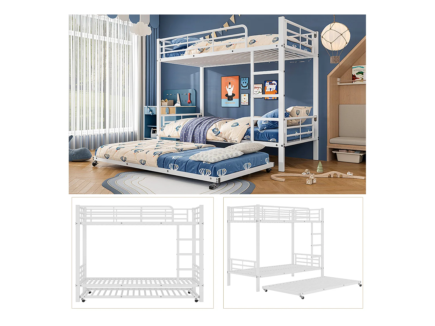 Lits superposés avec gigogne - 3 places - 2 x 90 x 200 cm - pour enfants et adolescents - avec 4 barrières latérales - en Métal - blanc