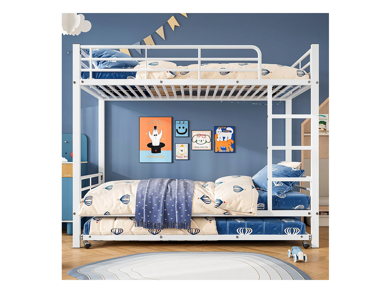 Etagenbett mit Ausziehbett - 90 x 200 cm - für Kinder und Jugendliche - mit vier Seitengittern - aus Eisen - weiß
