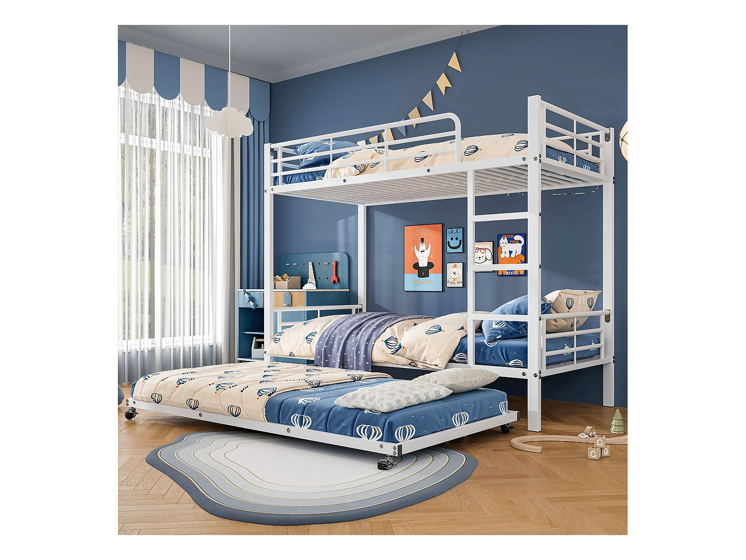 Beliche com cama auxiliar - 90 x 200 cm - para crianças e adolescentes - com quatro grades laterais - em ferro - branco