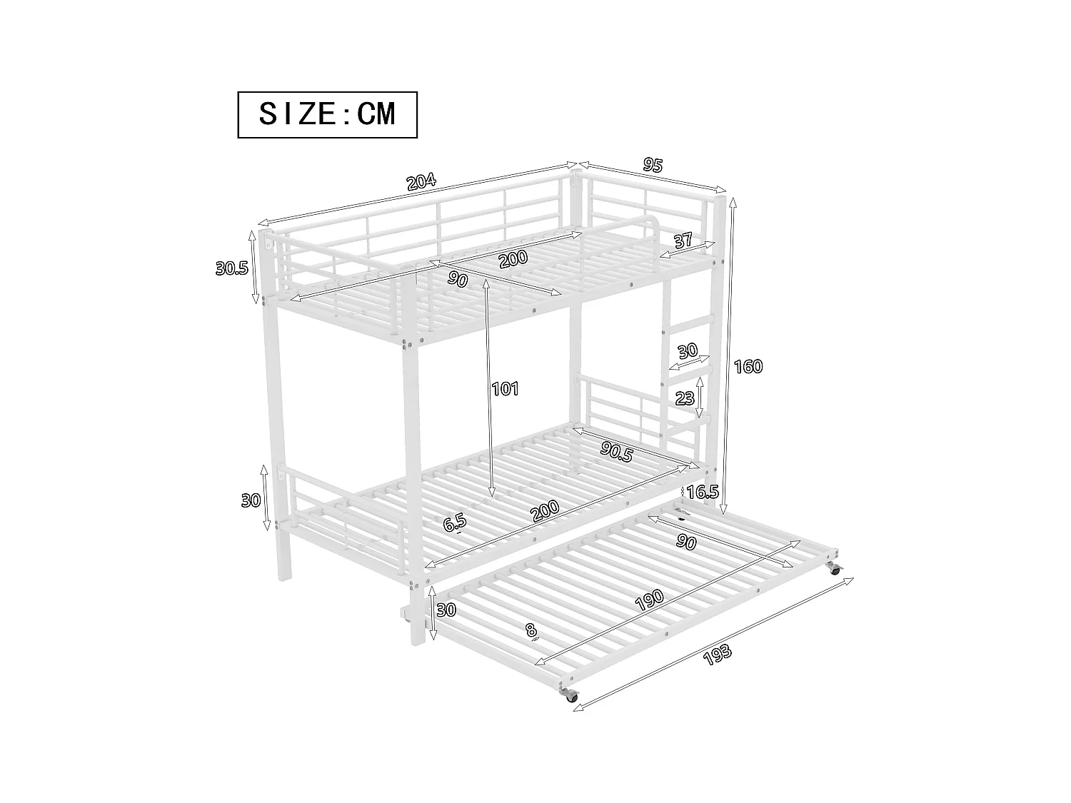 Beliche com cama auxiliar - 90 x 200 cm - para crianças e adolescentes - com quatro grades laterais - em ferro - branco