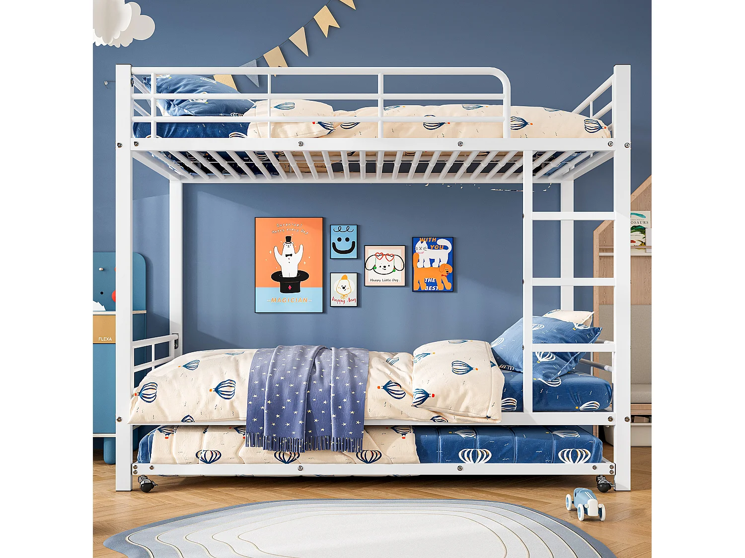 Litera con cama nido - 90 x 200 cm - para niños y adolescentes - con cuatro barandillas laterales - de hierro - color blanco