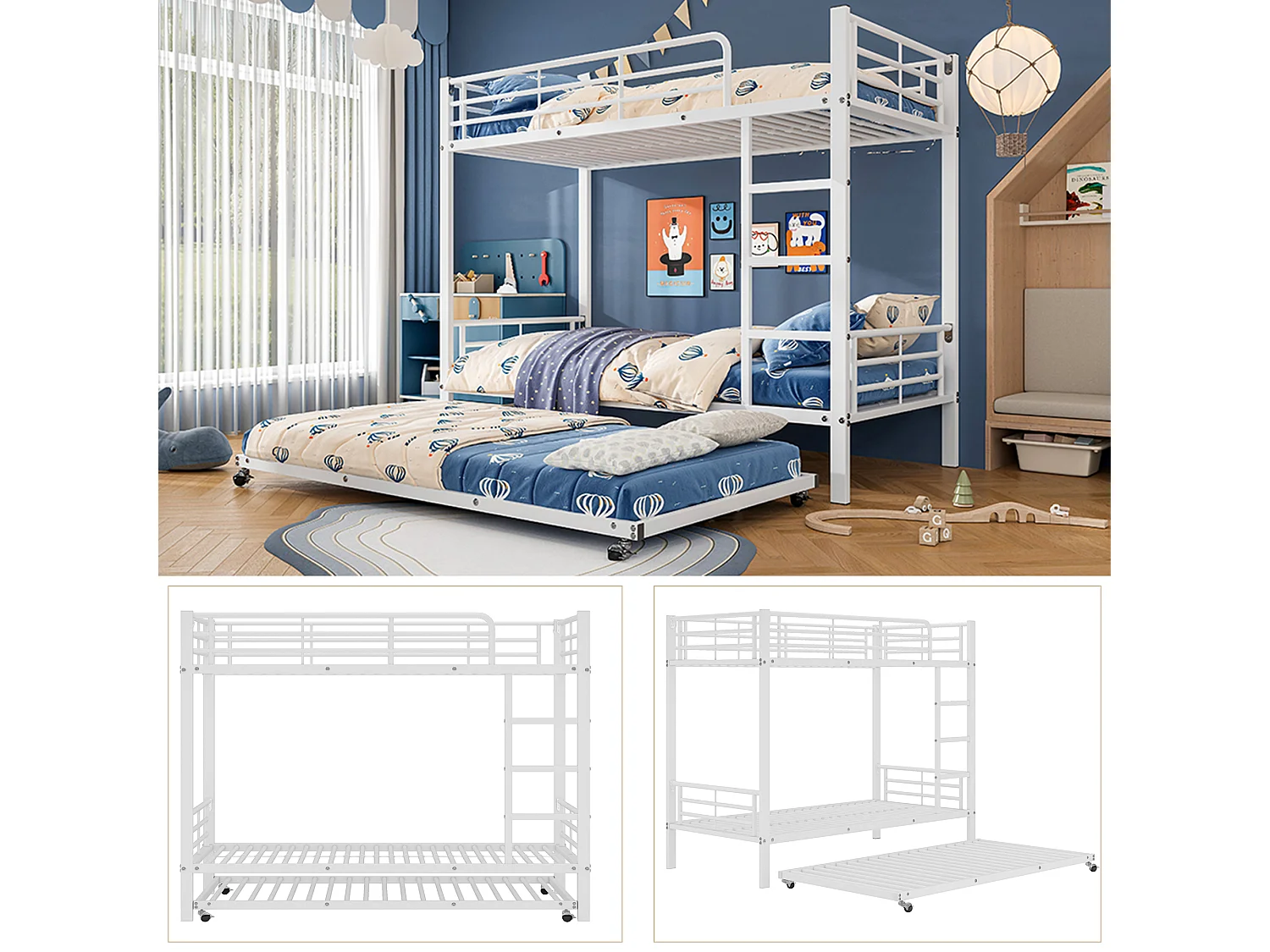 Litera con cama nido - 90 x 200 cm - para niños y adolescentes - con cuatro barandillas laterales - de hierro - color blanco