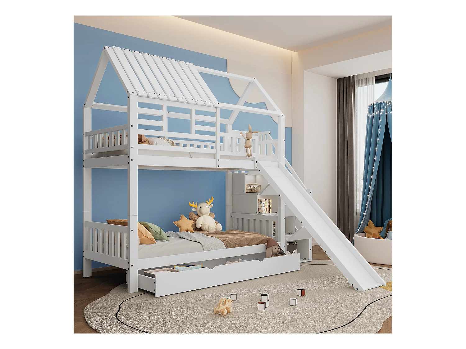 Litera infantil con escalera de almacenaje y tobogán - 90 x 200 cm*2 - con barandilla de seguridad y cajón - pino y MDF - blanco