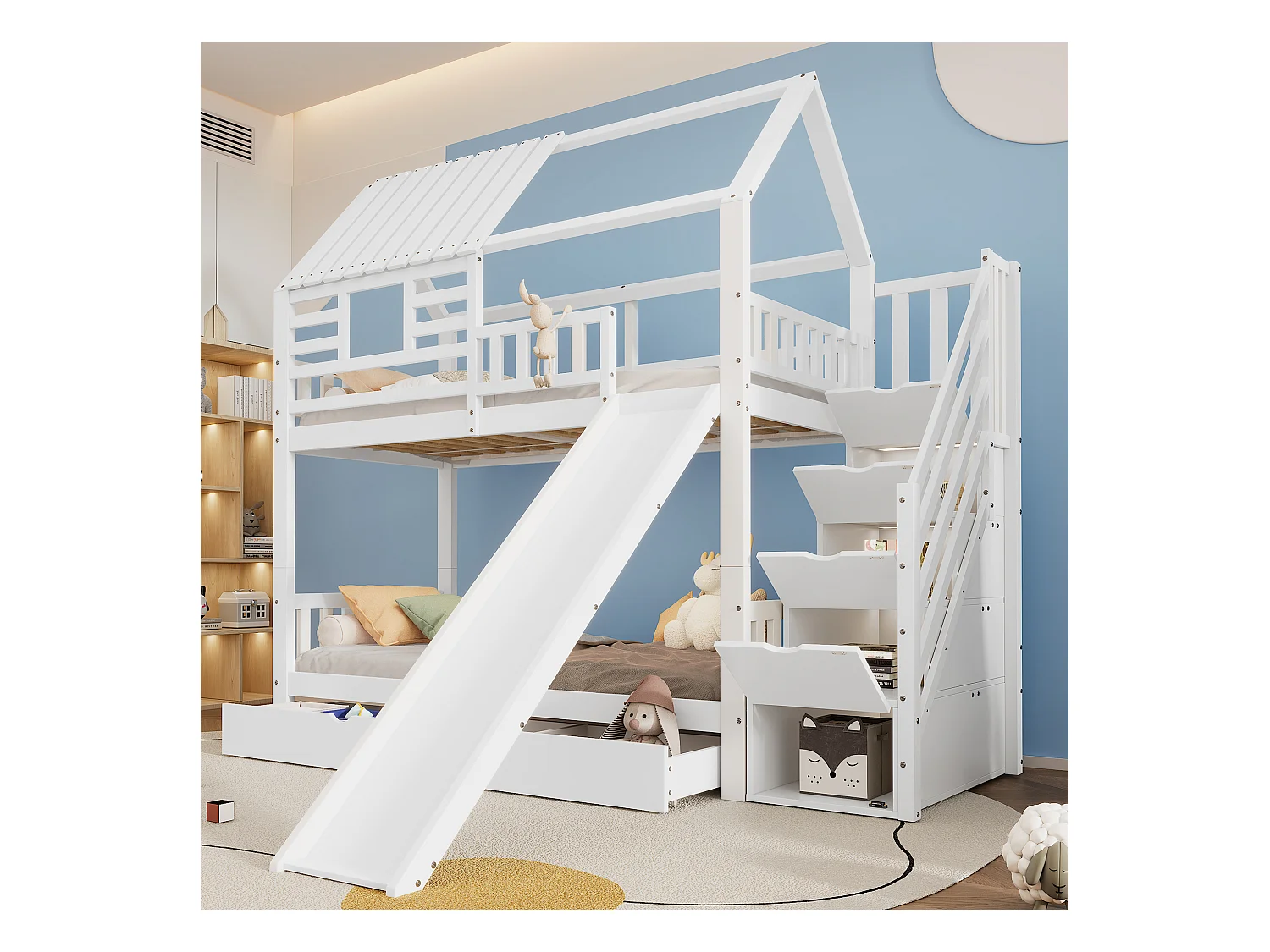 Litera infantil con escalera de almacenaje y tobogán - 90 x 200 cm*2 - con barandilla de seguridad y cajón - pino y MDF - blanco