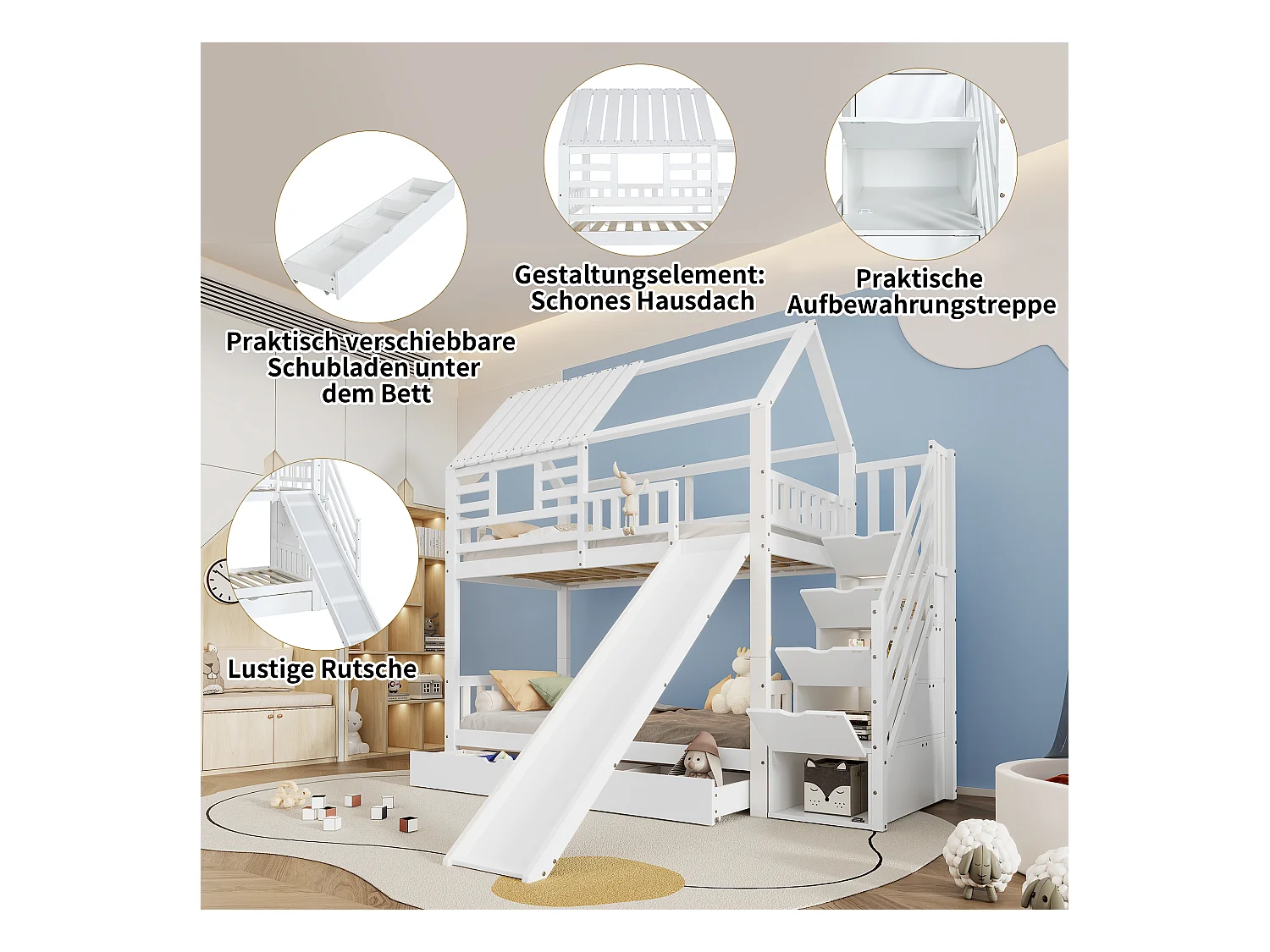 Litera infantil con escalera de almacenaje y tobogán - 90 x 200 cm*2 - con barandilla de seguridad y cajón - pino y MDF - blanco