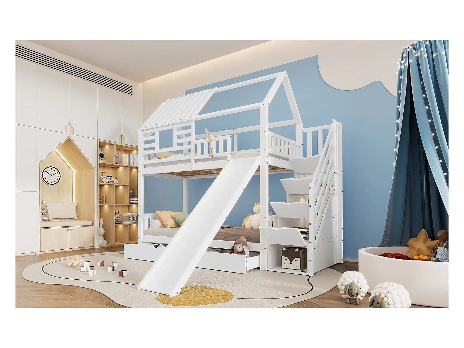 Litera infantil con escalera de almacenaje y tobogán - 90 x 200 cm*2 - con barandilla de seguridad y cajón - pino y MDF - blanco