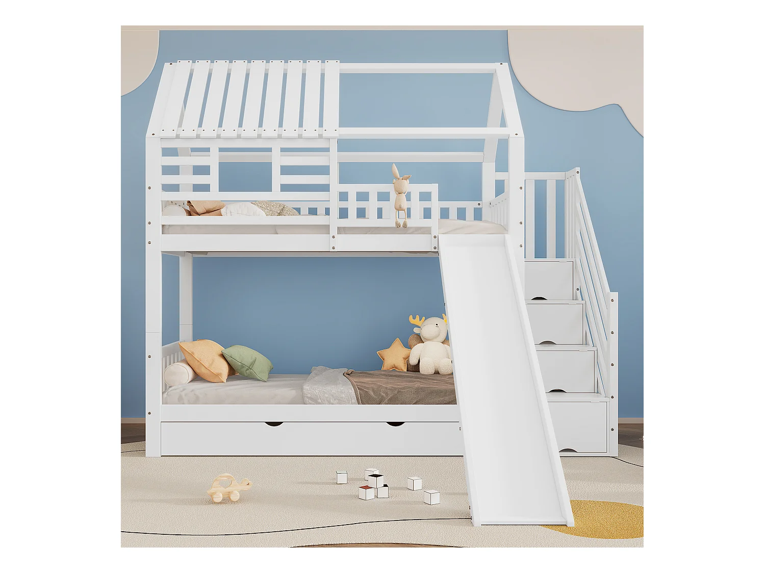 Lits superposés enfant avec toboggan - 2 x 90 x 200 cm - 4 rangement dans l'escalier - avec tiroir - pin et MDF - blanc