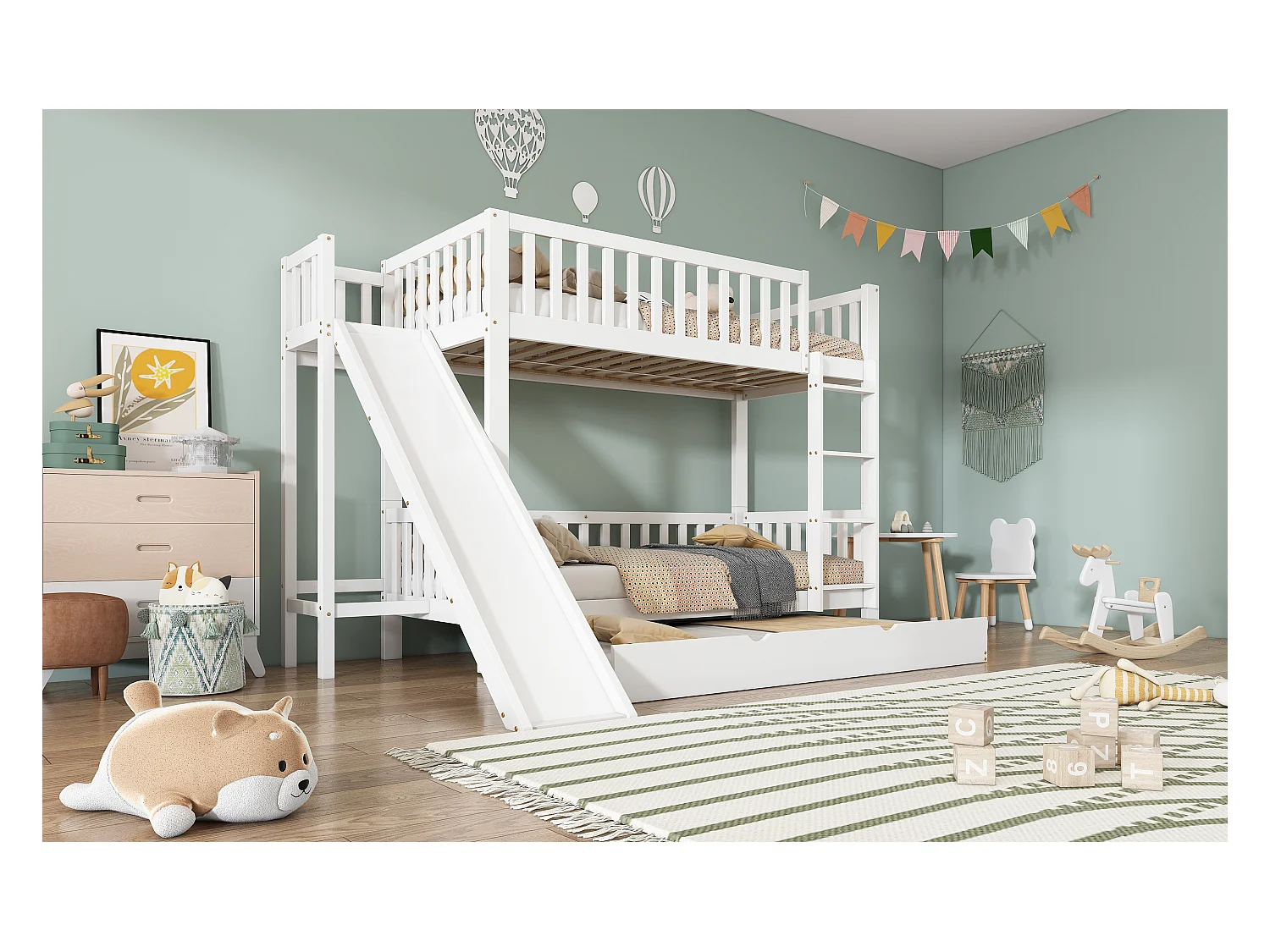 Letto a castello per bambini con letto estraibile - 90 x 200 cm - con sponda di sicurezza e scivolo - pino + MDF - bianco