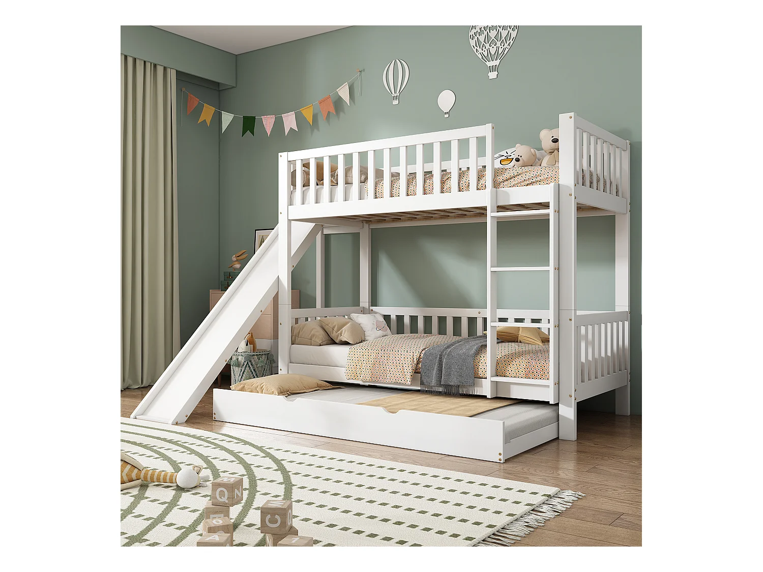 Lits superposés enfant avec gigogne - 3 places - 2 x 90 x 200 cm - avec barrière de sécurité et toboggan - pin + MDF - blanc