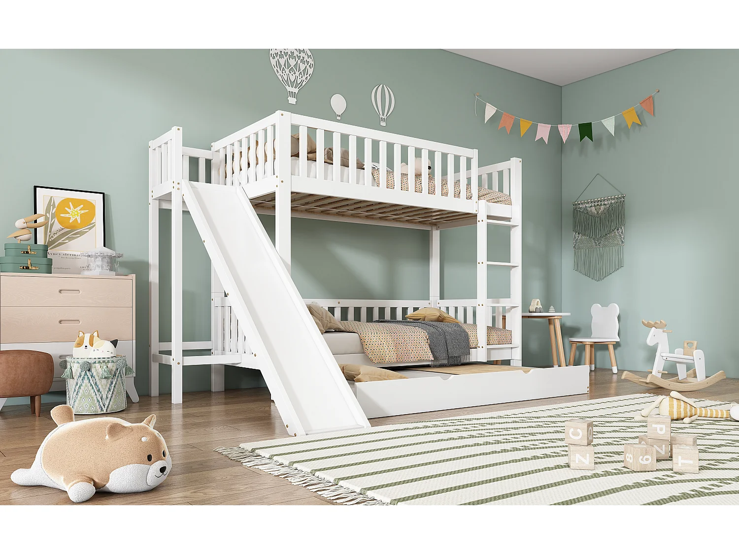 Lits superposés enfant avec gigogne - 3 places - 2 x 90 x 200 cm - avec barrière de sécurité et toboggan - pin + MDF - blanc