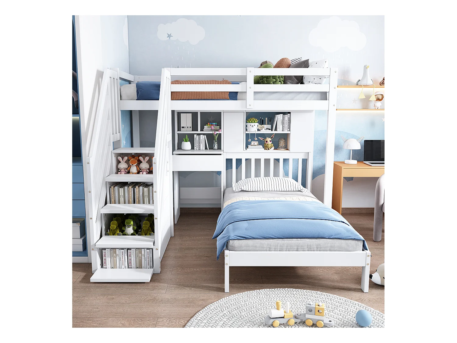 Multifunktionales Kinder-Etagenbett - 90 x 200 - mit Stauraum - mit Schreibtisch und Regalen - Kiefer - weiß