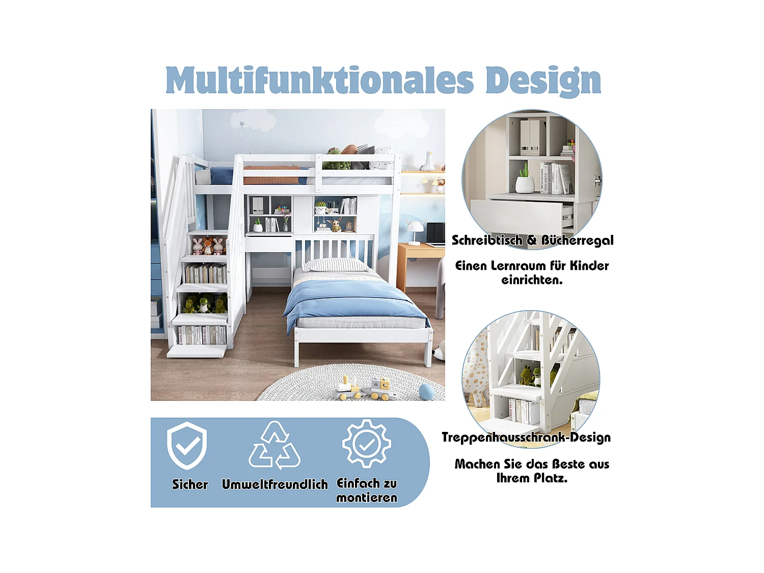 Multifunktionales Kinder-Etagenbett - 90 x 200 - mit Stauraum - mit Schreibtisch und Regalen - Kiefer - weiß