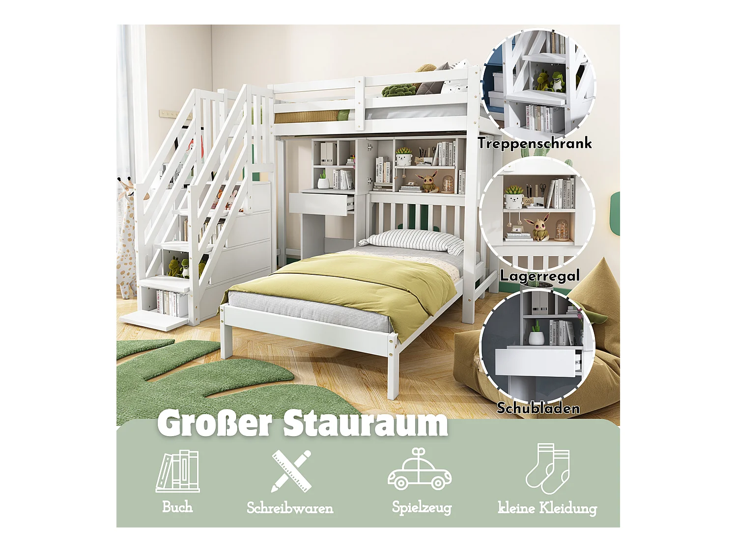Multifunktionales Kinder-Etagenbett - 90 x 200 - mit Stauraum - mit Schreibtisch und Regalen - Kiefer - weiß