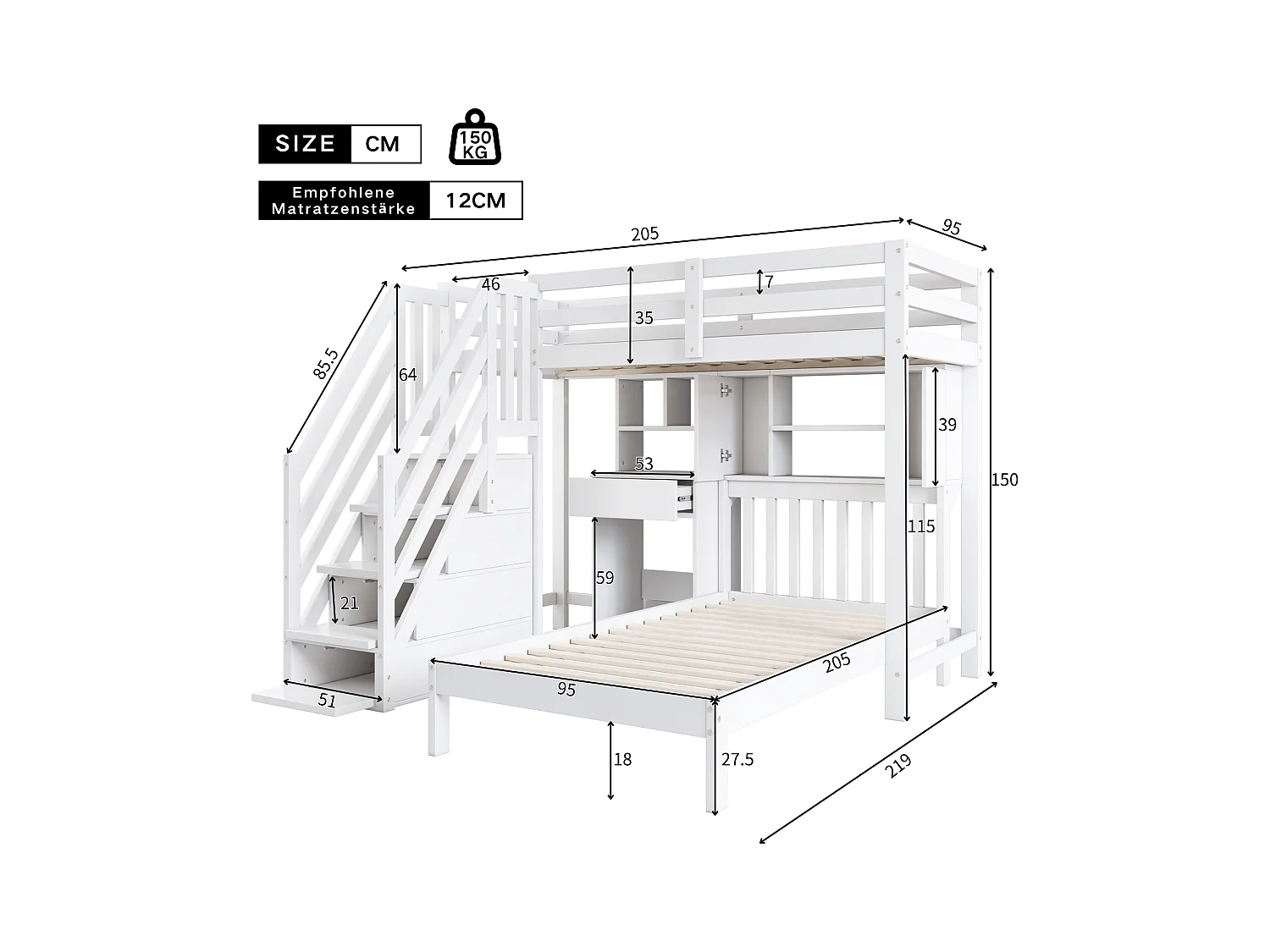 Multifunktionales Kinder-Etagenbett - 90 x 200 - mit Stauraum - mit Schreibtisch und Regalen - Kiefer - weiß