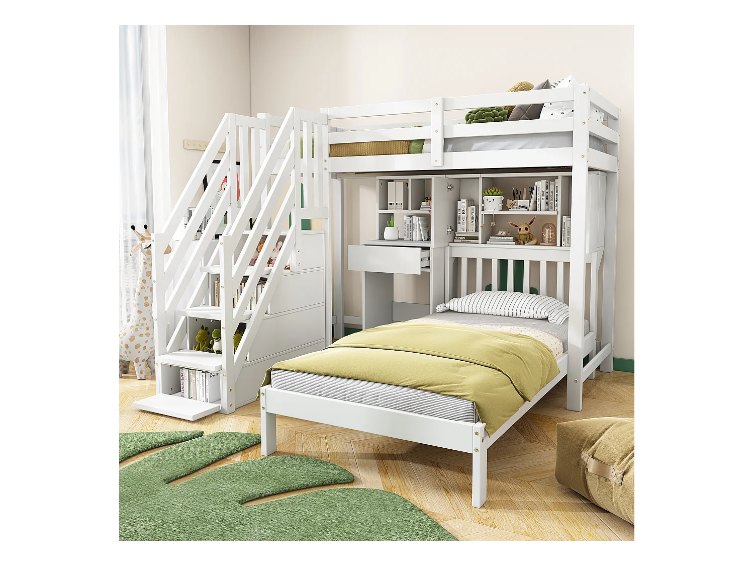 Lits superposés multifonctionnel pour enfant - 2 x 90 x 200 - 4 rangement dans l'escalier - avec bureau et tiroir - pin - blanc
