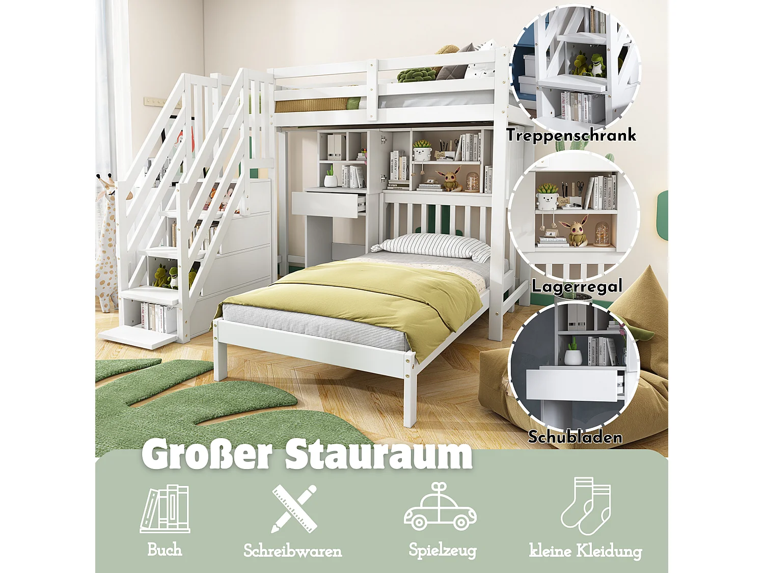 Lits superposés multifonctionnel pour enfant - 2 x 90 x 200 - 4 rangement dans l'escalier - avec bureau et tiroir - pin - blanc