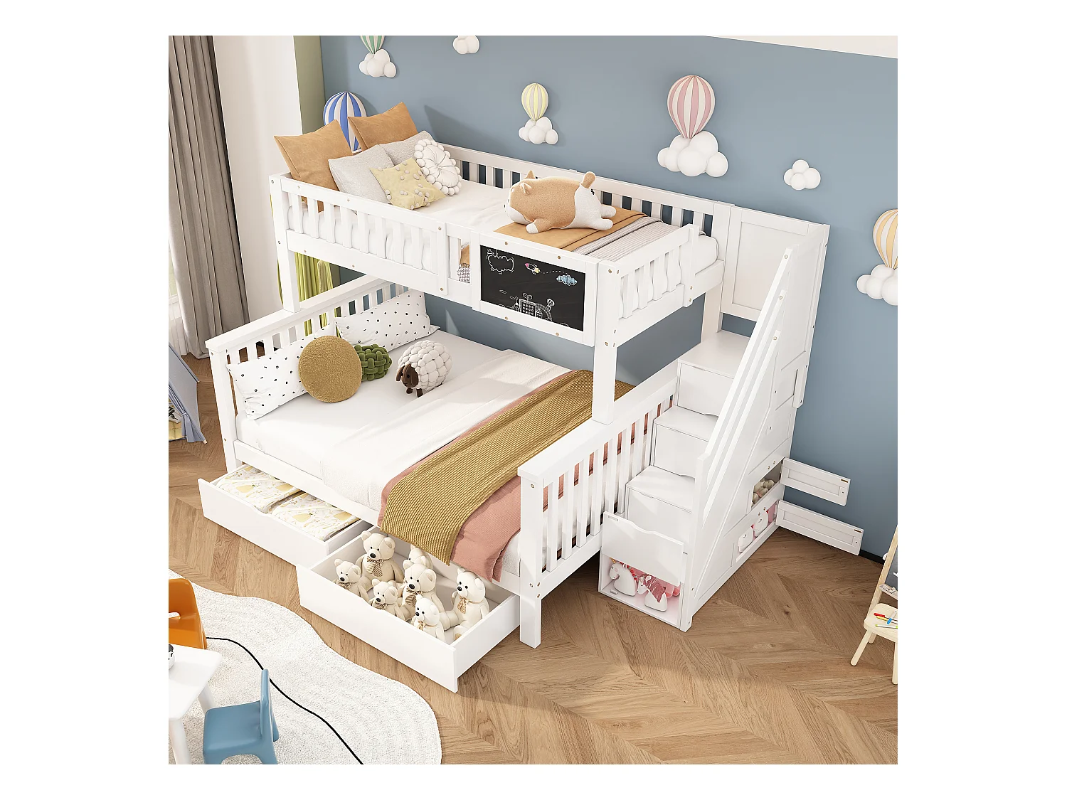Lits superposés enfant - 90 x 200 cm + 140 x 200 cm - 4 rangement dans l'escalier - avec tableau et s tiroirs - Bois massif - blanc