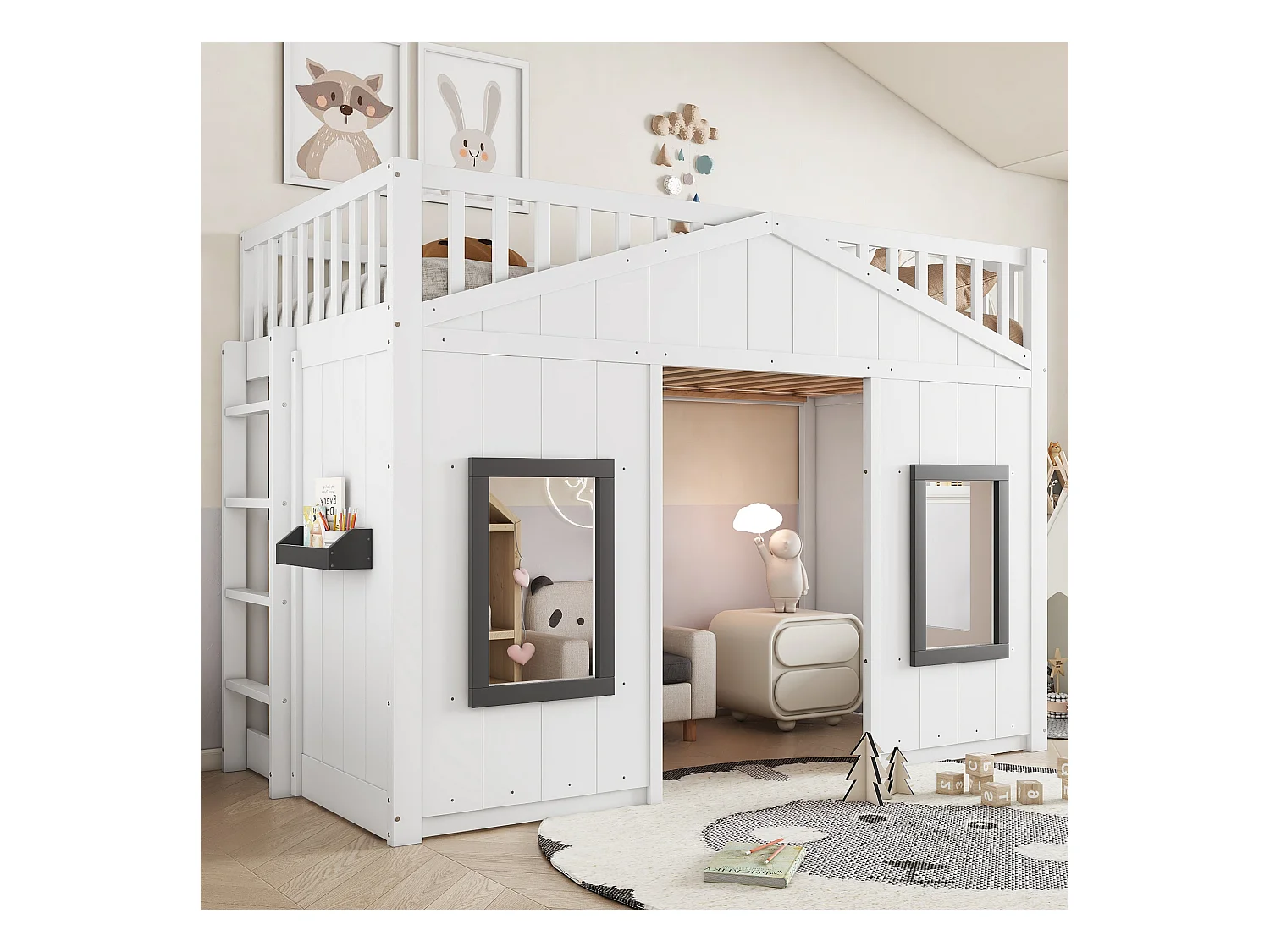 Letto a soppalco per bambini con scaletta - 90 x 200 cm - protezione anticaduta e barriere - pino + MDF - bianco