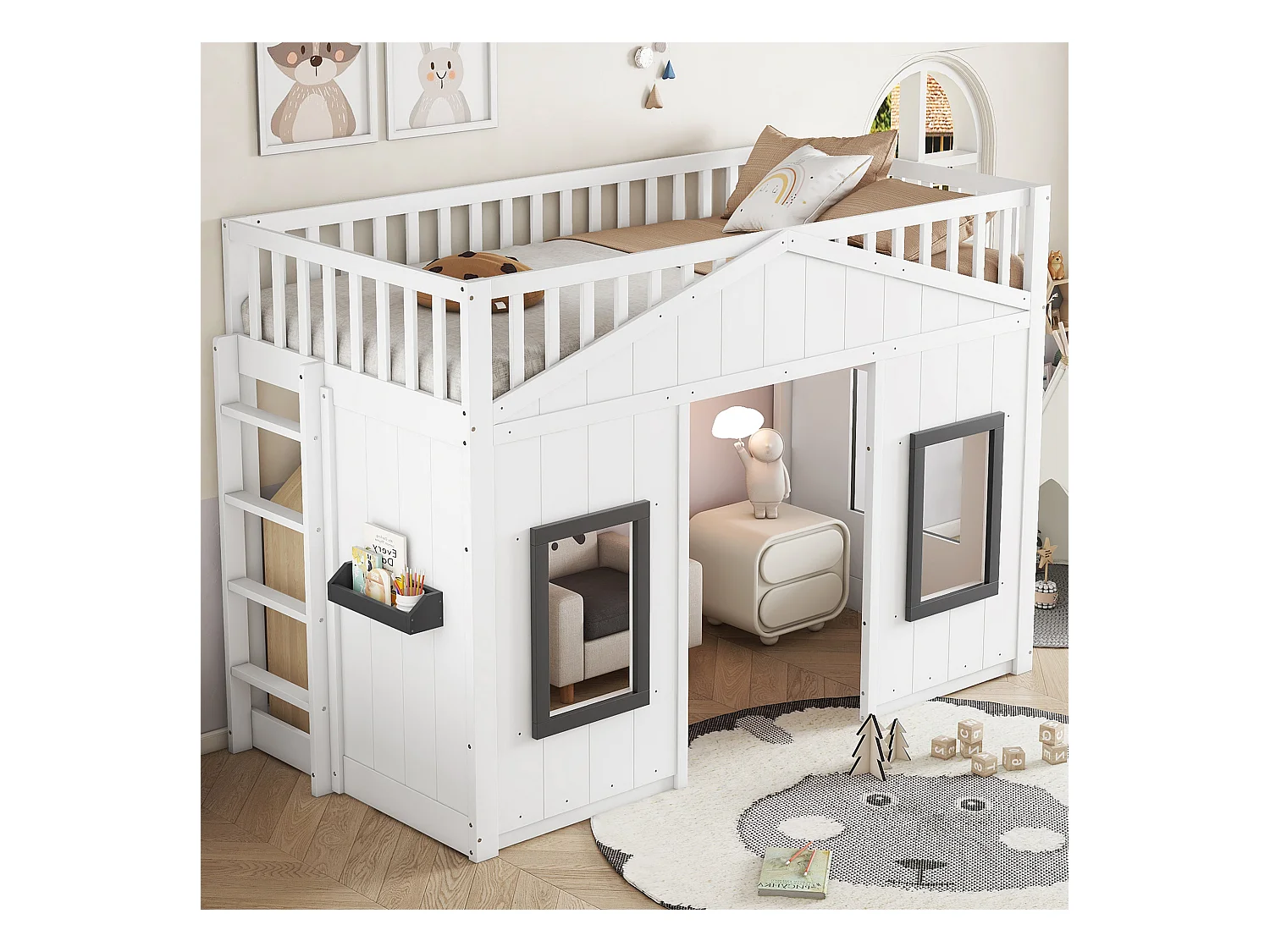 Letto a soppalco per bambini con scaletta - 90 x 200 cm - protezione anticaduta e barriere - pino + MDF - bianco