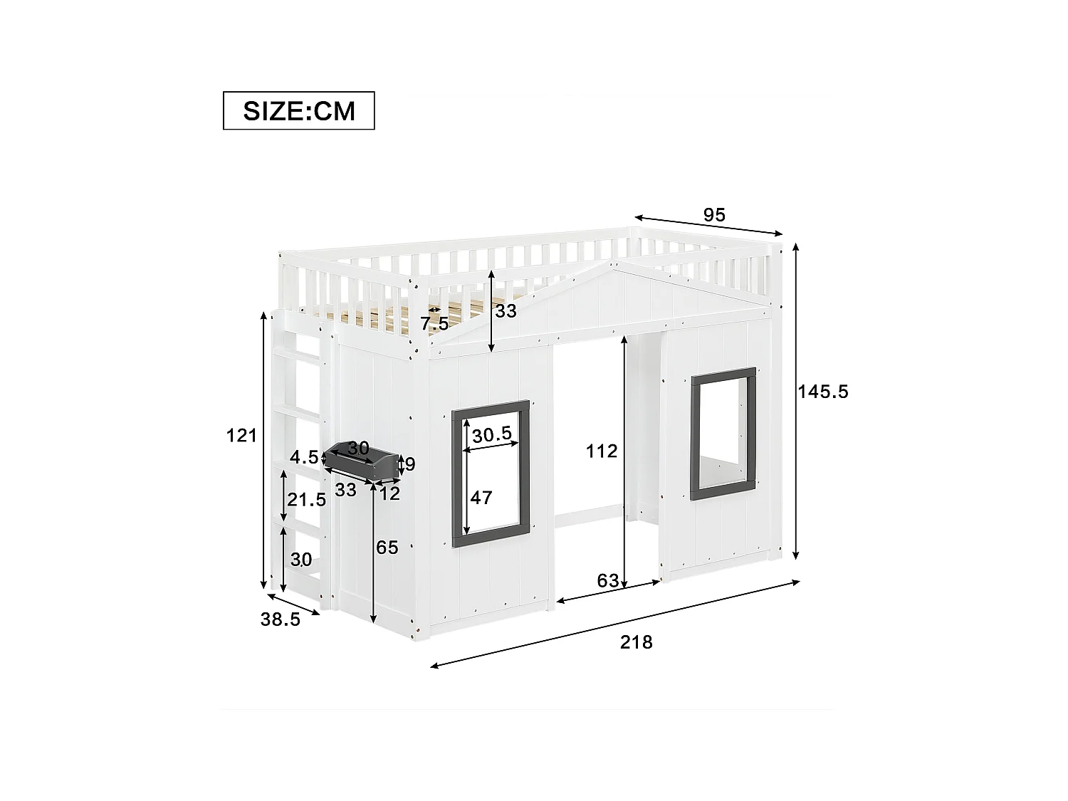 Letto a soppalco per bambini con scaletta - 90 x 200 cm - protezione anticaduta e barriere - pino + MDF - bianco
