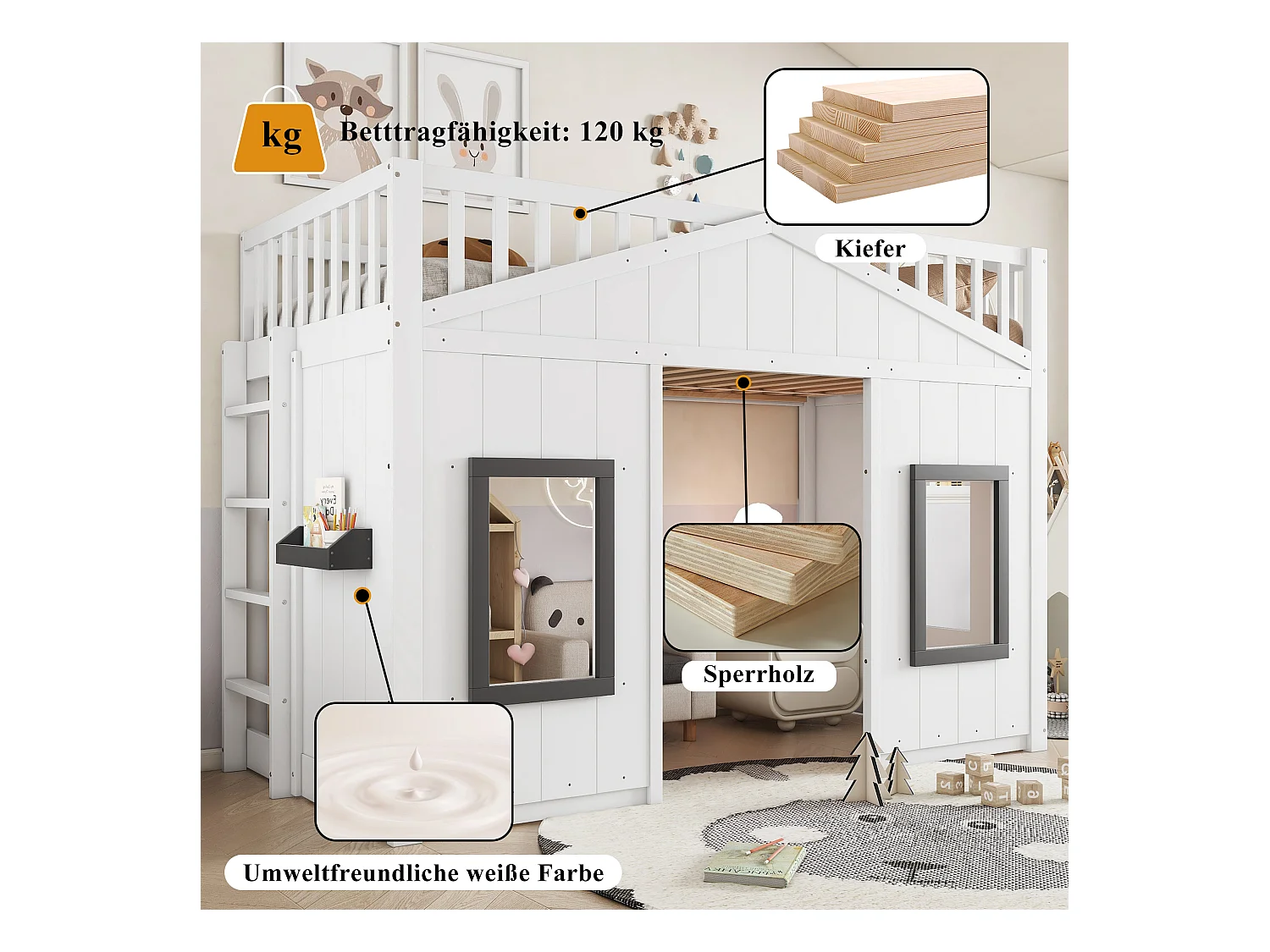 Letto a soppalco per bambini con scaletta - 90 x 200 cm - protezione anticaduta e barriere - pino + MDF - bianco