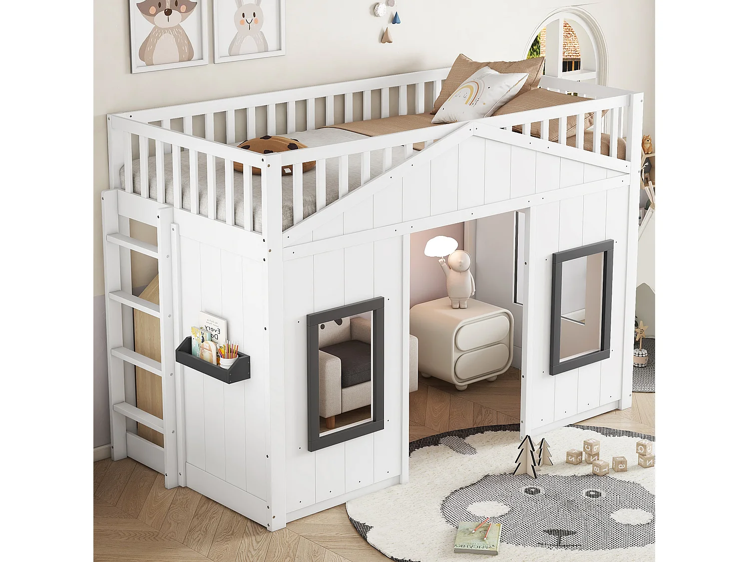 Letto a soppalco per bambini con scaletta - 90 x 200 cm - protezione anticaduta e barriere - pino + MDF - bianco