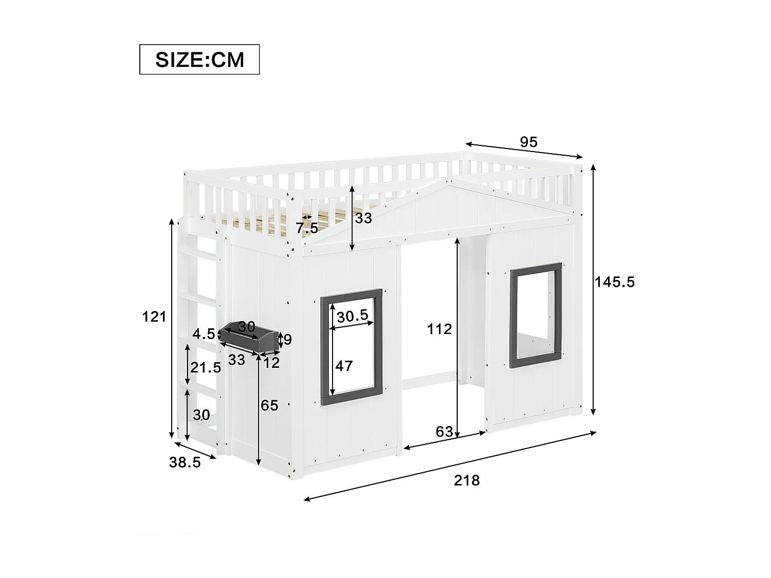 Letto a soppalco per bambini con scaletta - 90 x 200 cm - protezione anticaduta e barriere - pino + MDF - bianco