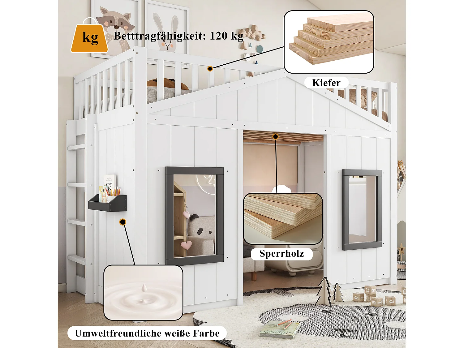 Letto a soppalco per bambini con scaletta - 90 x 200 cm - protezione anticaduta e barriere - pino + MDF - bianco