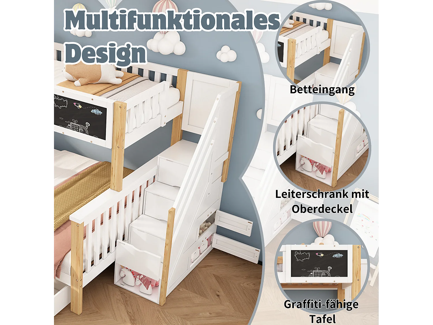 Wielofunkcyjne łóżko piętrowe dla dzieci - 90 x 200 cm + 140 x 200 cm - z blatem i szufladami - Drewno lite - bez materaca - białe