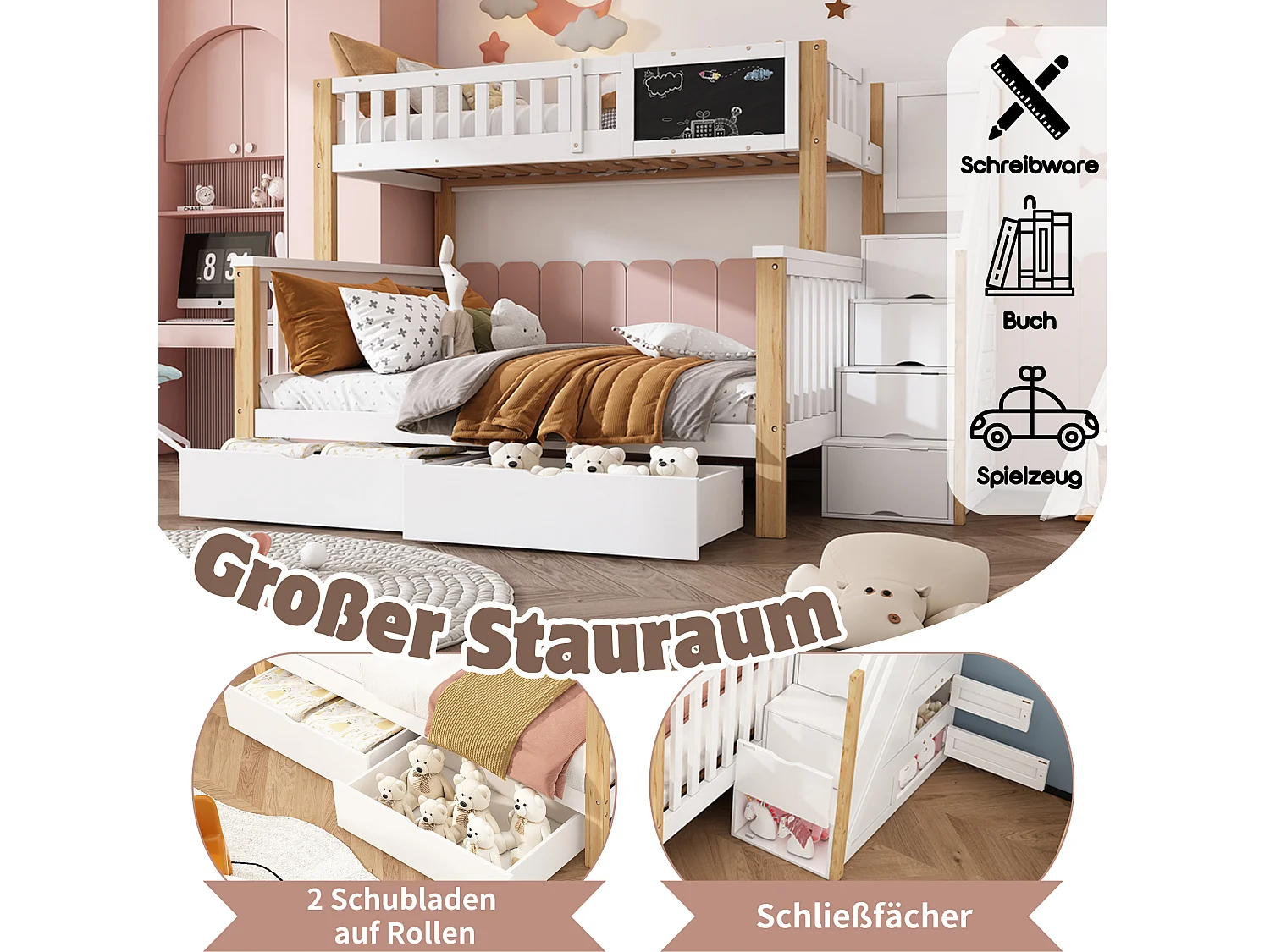 Wielofunkcyjne łóżko piętrowe dla dzieci - 90 x 200 cm + 140 x 200 cm - z blatem i szufladami - Drewno lite - bez materaca - białe