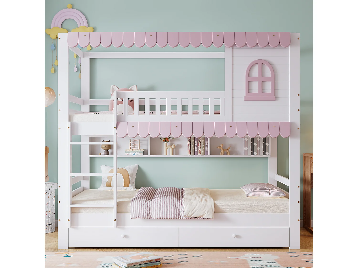 Kinder-Etagenbett mit Fenster - 90 x 200 cm - zwei Schubladen und Ablagefach - Kiefer + MDF - weiß + rosa