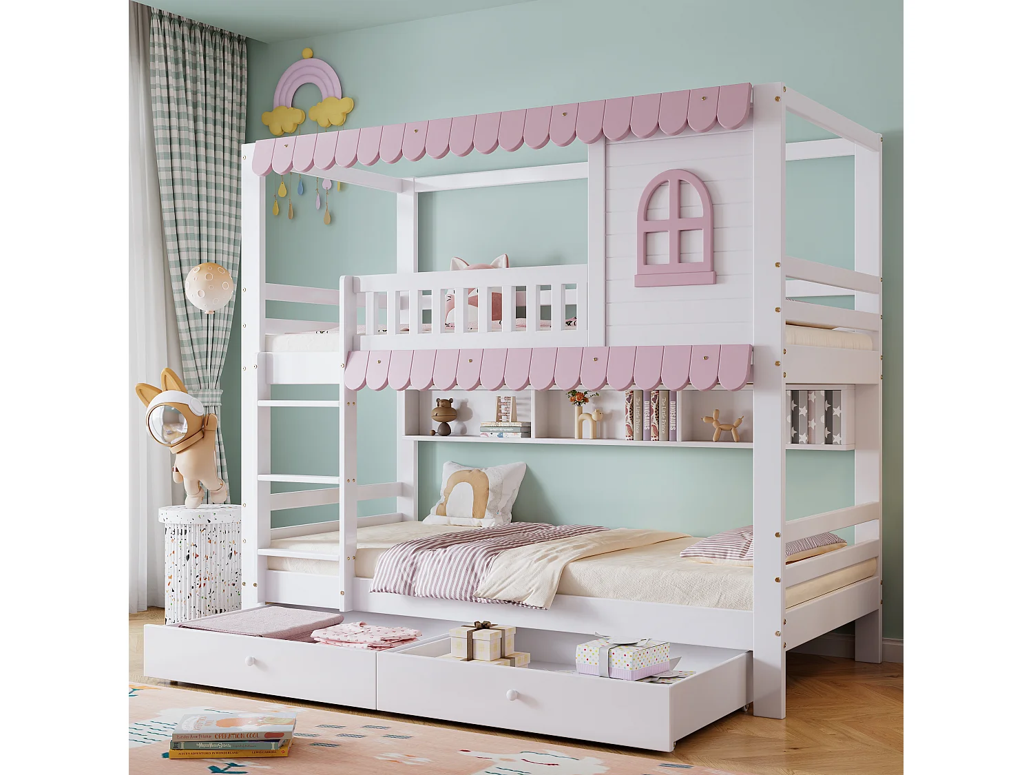 Kinder-Etagenbett mit Fenster - 90 x 200 cm - zwei Schubladen und Ablagefach - Kiefer + MDF - weiß + rosa