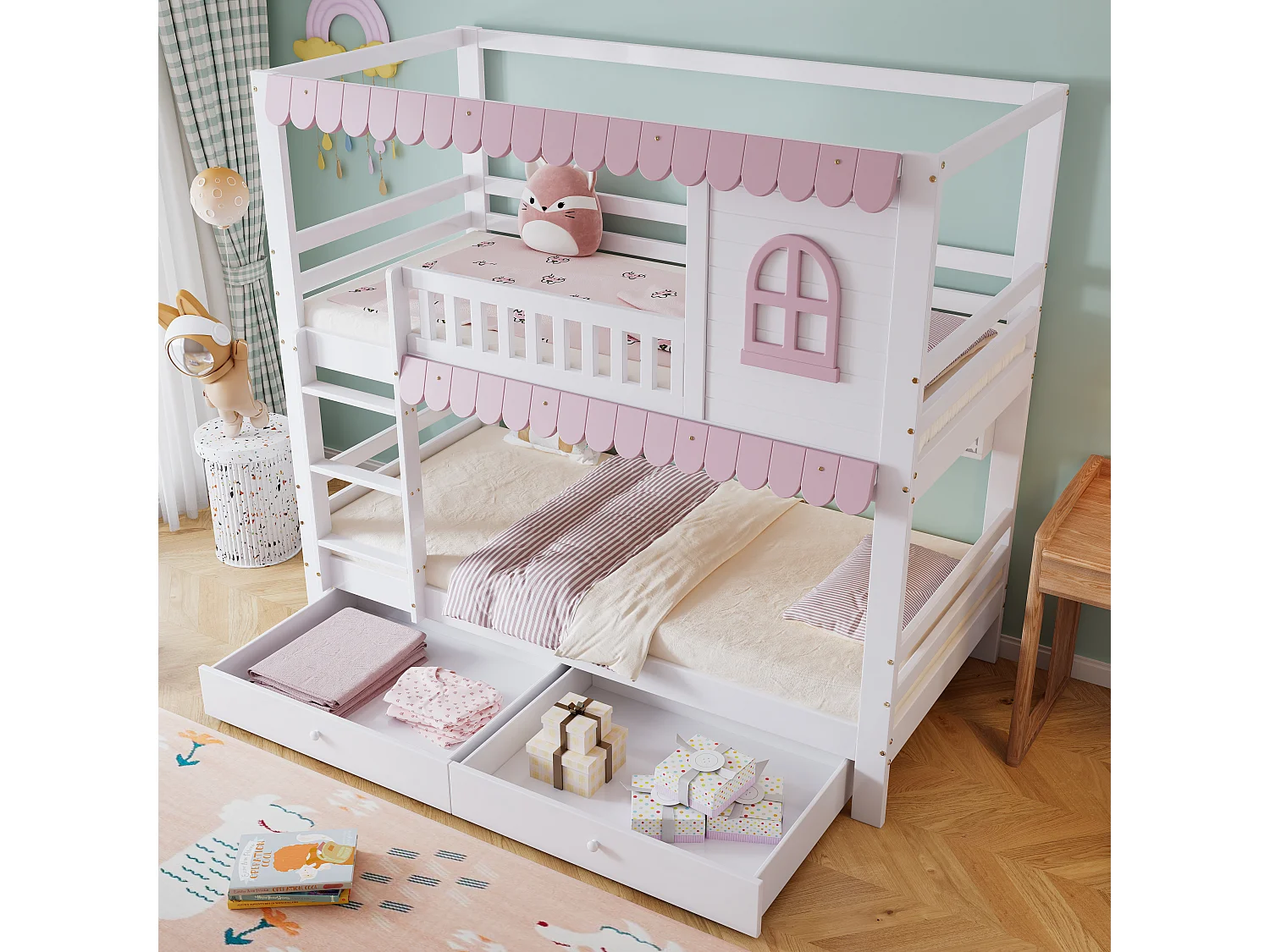 Kinder-Etagenbett mit Fenster - 90 x 200 cm - zwei Schubladen und Ablagefach - Kiefer + MDF - weiß + rosa